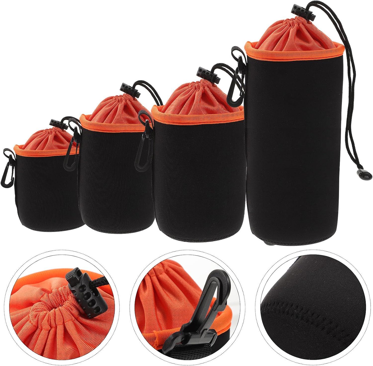 Veemoon Waterproof Camera Lens Storage Bags Set with Drawstring Closure, Thickened Neoprene Padded Lens Protector Cases in Orange, S/m/l/xl Sizes for Outdoor Travel Photographers