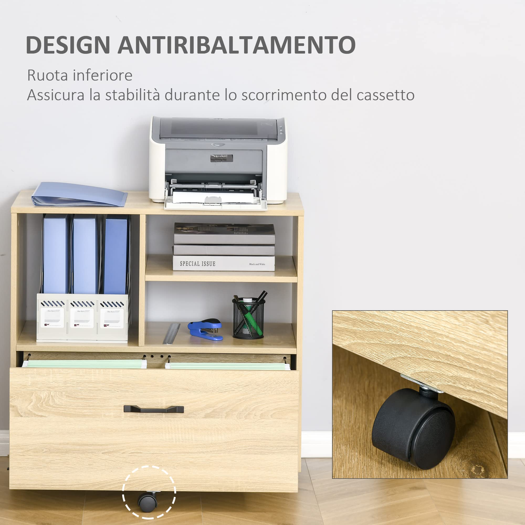 Vinsetto Mobile Multiuso per Ufficio in Legno, Cassettiera con Ruote Porta Stampante con 5 Ruote, Cassetto e Ripiano Regolabile, 77x40x73cm, Legno
