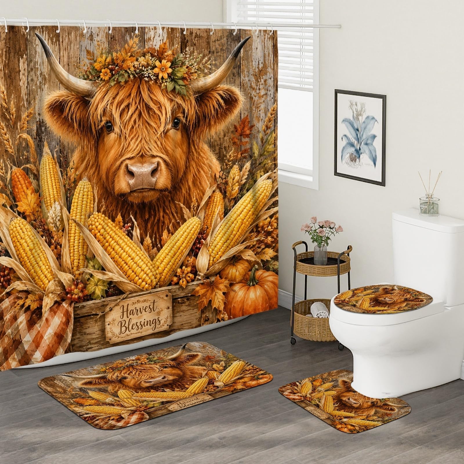 Ensemble de rideaux de douche rustiques en tissu imprimé avec crochets et tapis décoratifs pour salle de bain et dortoir, motif vache, maïs, citrouille, orange, 183 x 183 cm