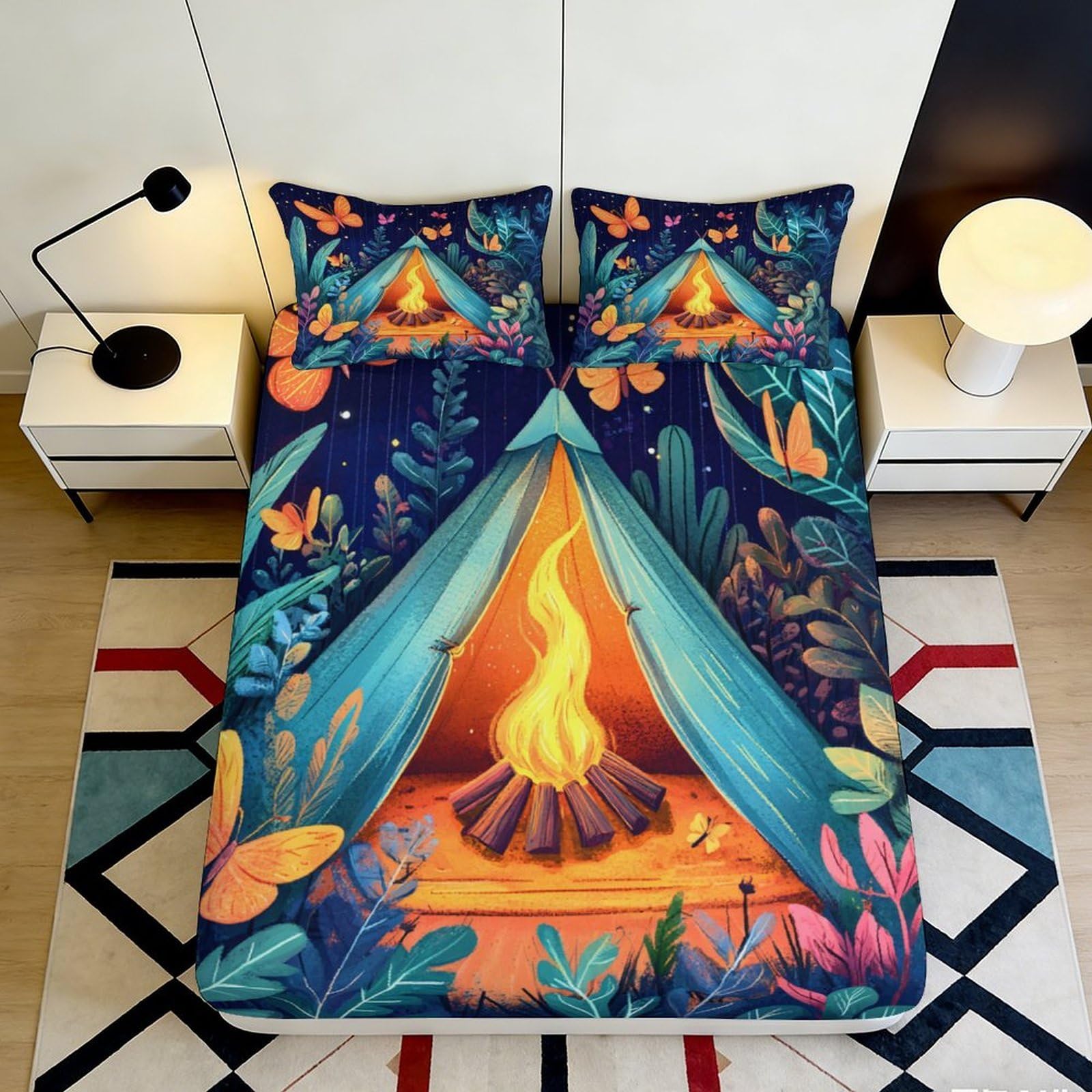 3D Printed Campfire Tent Fitted Sheet Microfiber Non-slip Forest Night Mattress Cover Bedroom Decor 120x200cm 180x200x25cm