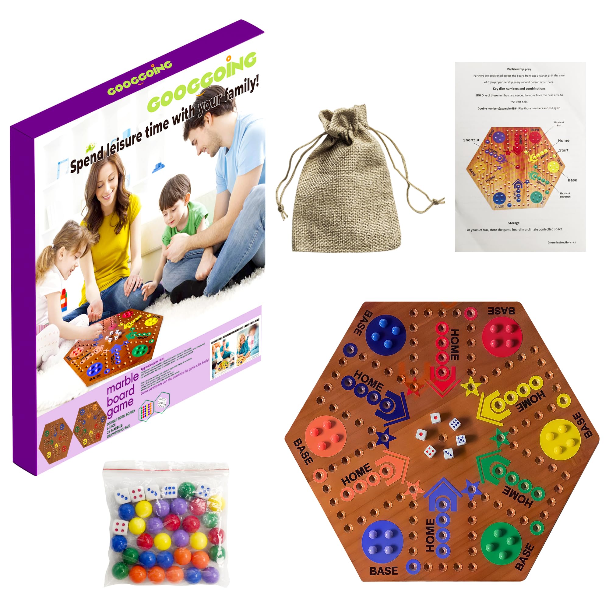 Gioco da tavolo in legno, gioco da tavolo originale in marmo su entrambi i lati, dipinto da 2 a 6 giocatori, Fast Track in legno con 6 colori, 24 biglie 6 dadi per adulti bambini e famiglia (fiamma da