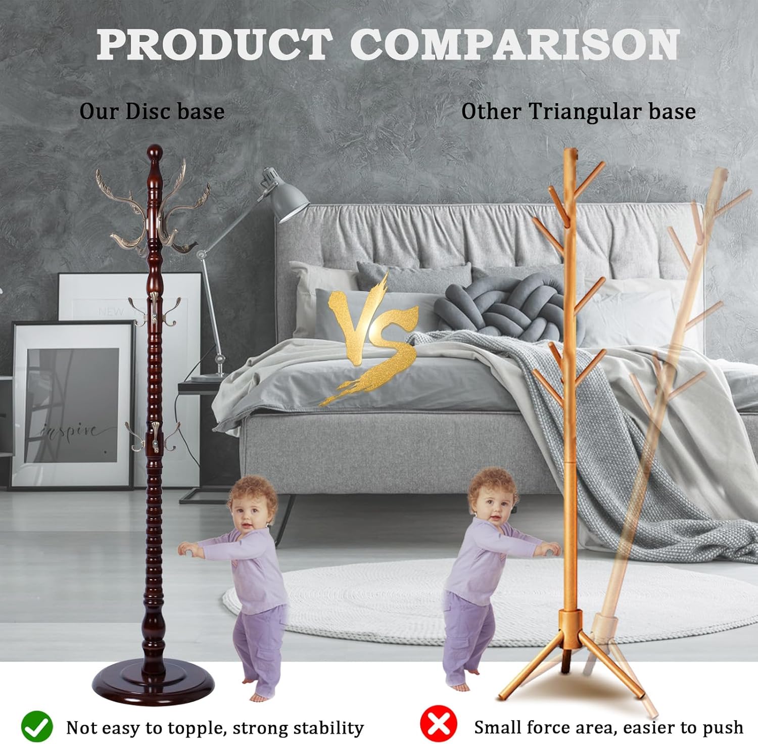 Coat Racks FreeStanding with 14 Hooks, Natural Wood Coat Rack with Solid Round Base, Adjustable Height Coat Racks, Easy Assembly for Hallway, Bedroom and Office (Reddish Brown-Metal Hook)