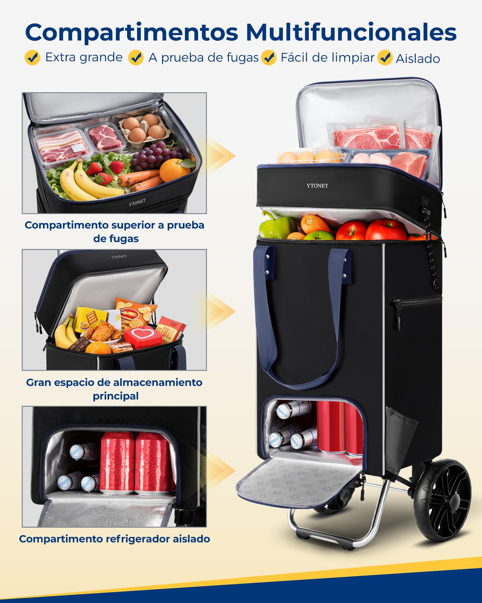 Ytonet Carro de la Compra Plegable Grande 55l, Carrito de la Compra Plegable 2 Ruedas con Bolsa de Compras Desmontable Compartimento Aislante y Forro Impermeable Shopping Trolley para Camping, Negro