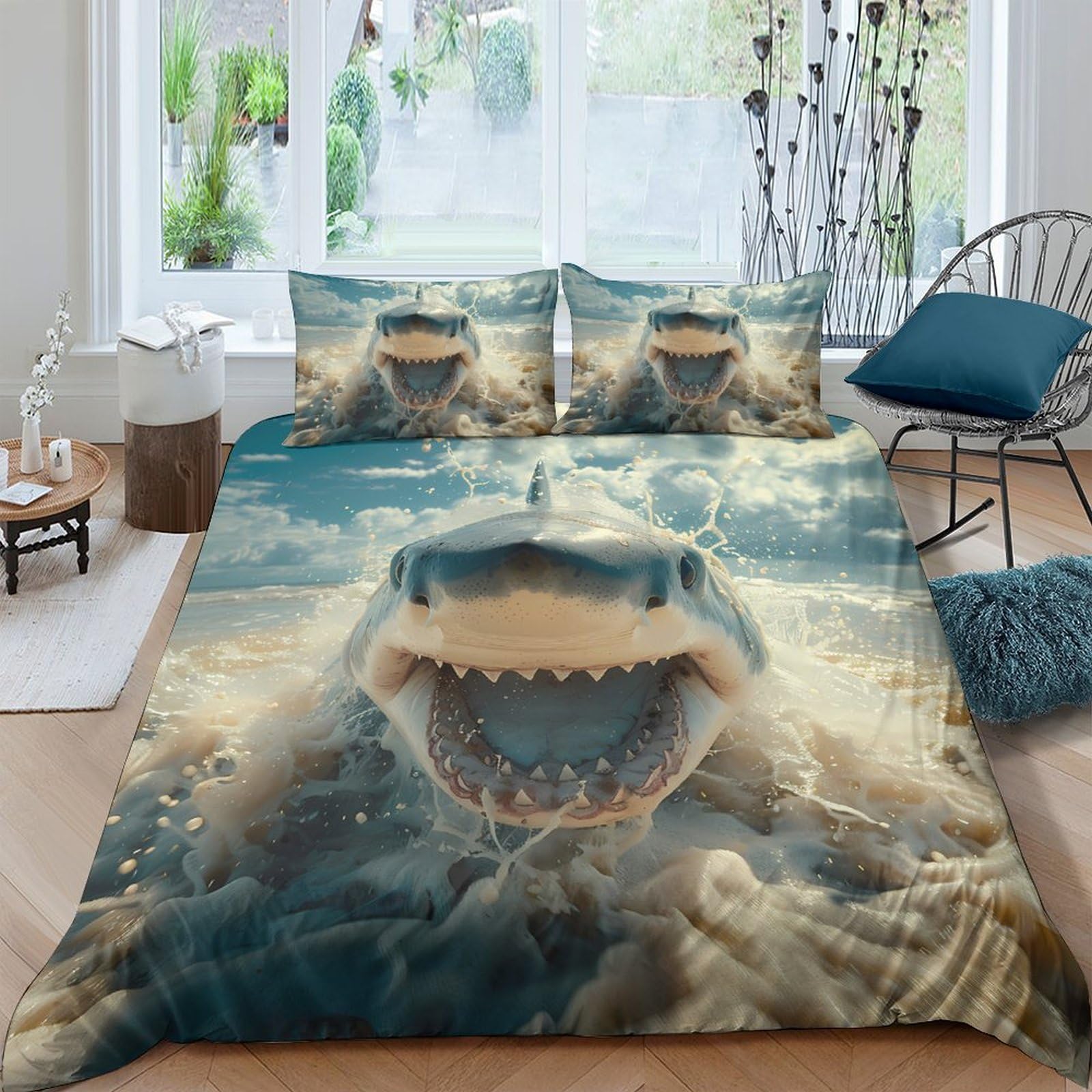 TUFRTGYHN 3D Printed Shark Ocean Duvet Cover Microfiber Soft Breathable Underwater Beast Bedding Set with 2 Pillowcases for Bedroom Decor Single（135x200cm）