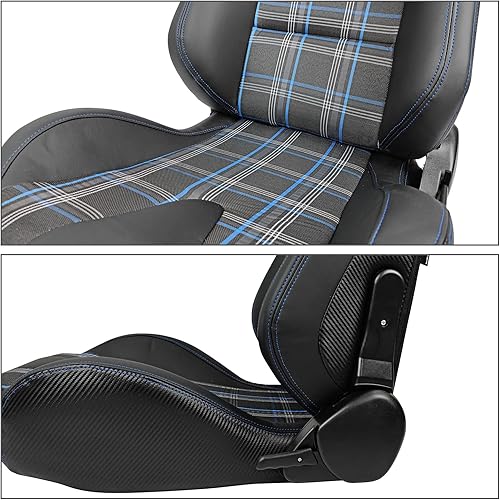 Miniatura 4 de IKON MOTORSPORTS, Par de asientos universales de carreras con deslizadores dobles, tela a cuadros azules y poliuretano y cuero de carbono