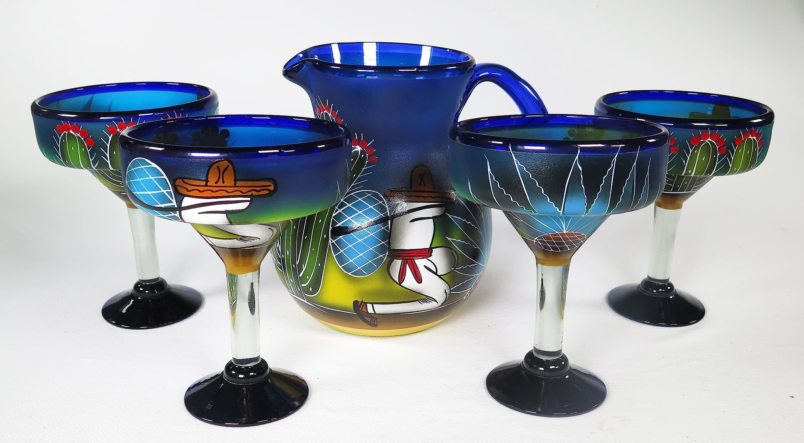 Margarita and Pitcher, Hand Painted Poncho Cactus (Set of 4)
