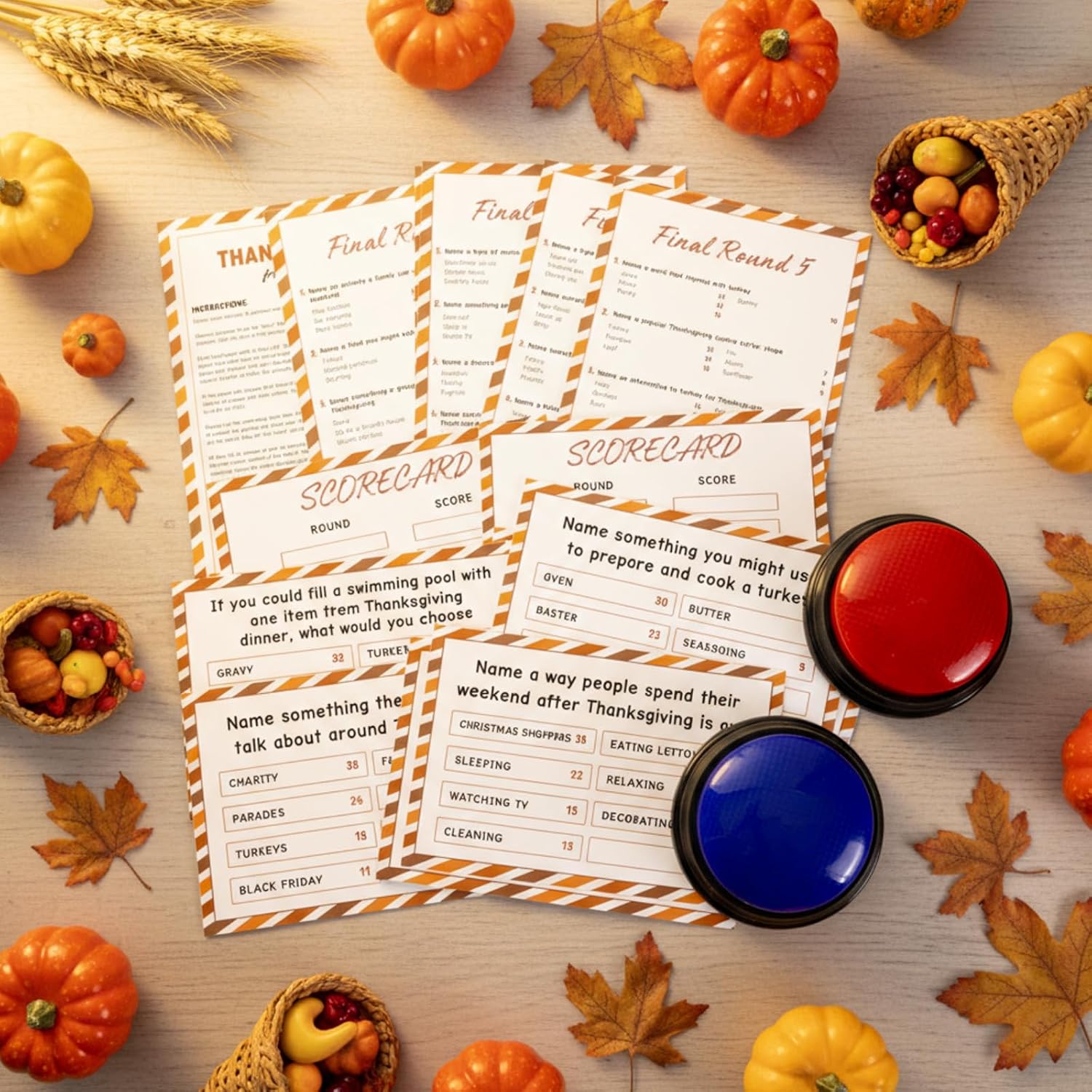 Thanksgiving Day Friendly Feud Game with 2 Answer Buzzers, Fall Holiday Feud Cards, Family Game Night Fun Trivia Quiz for Friendsgiving Party Office Adults Class Groups Team Building