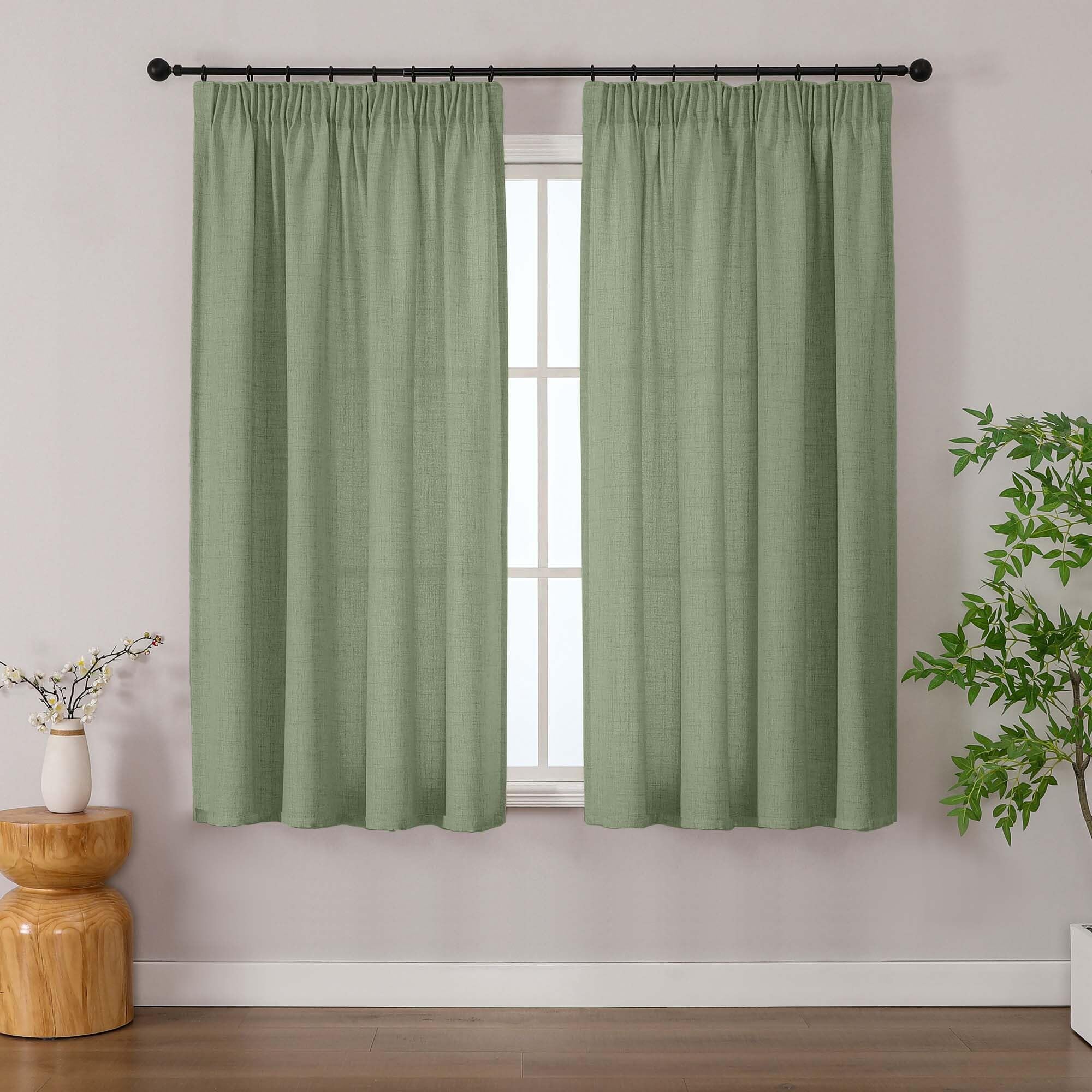 Simplebrand Sage Green Tiers for Windows 122 cm Long 2 Pcs, Light Filtering Faux Linen Textured Semi Small Short Tiers for Bathroom Laundry Basement, Pencil Peal Top, Each 140Wx122L CM