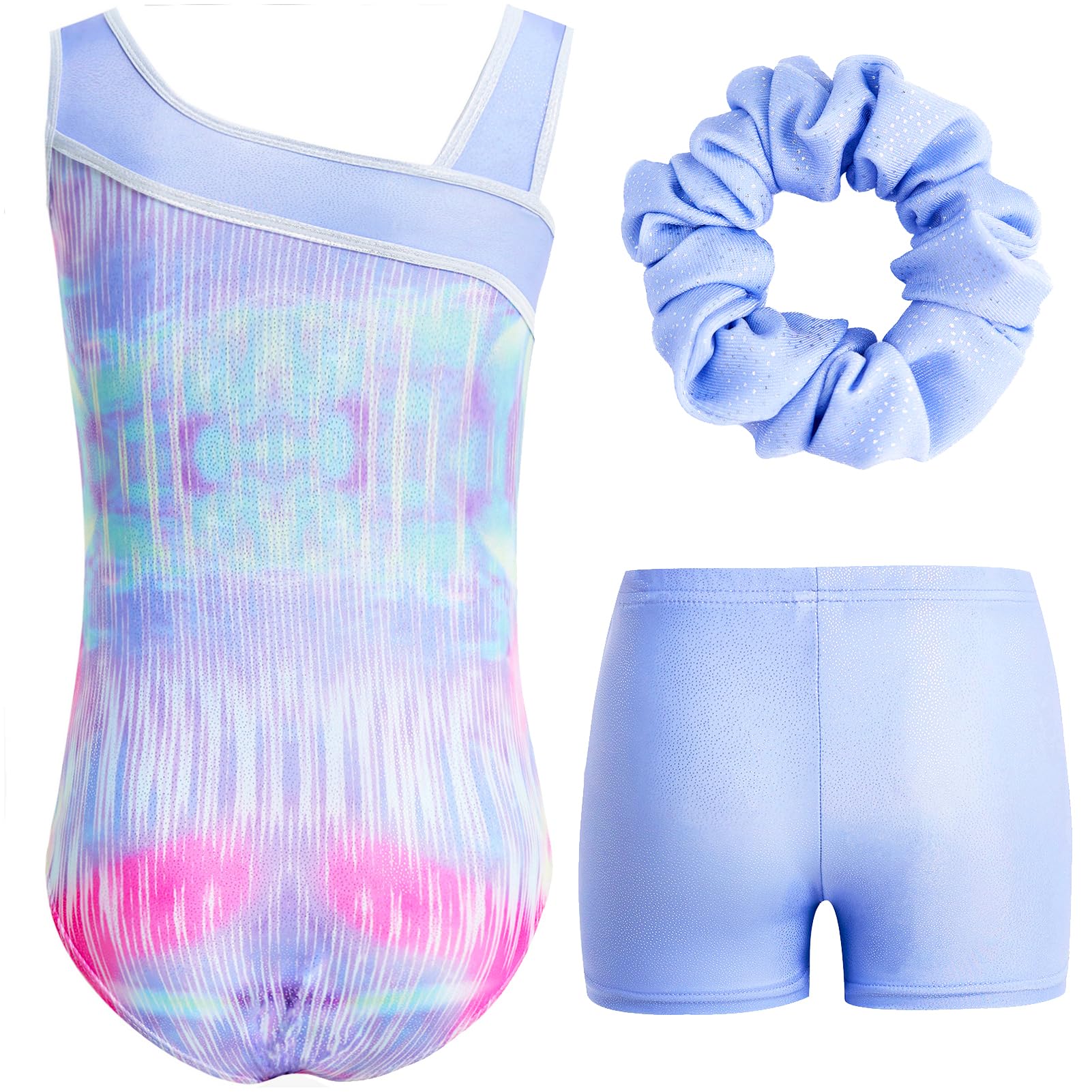 Gogokids Completo da ginnastica bambina composto da tre pezzi, body senza maniche, pantaloncini e fascia capelli, tuta danza classica scintillante, con design a colori sfumati, dai 3 ai 12 anni