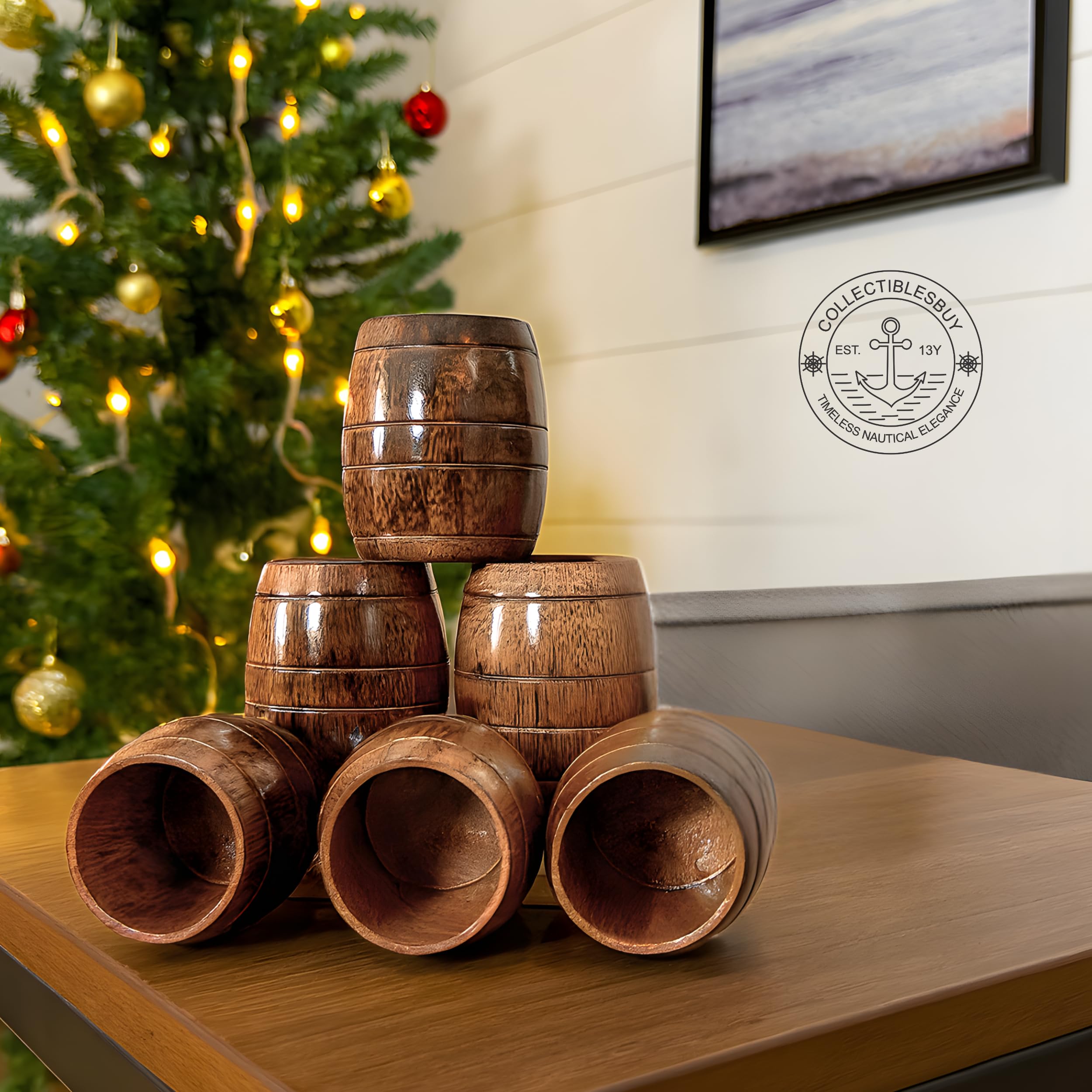 collectiblesBuy Handgefertigte Mangoholzbecher Set mit 6 Stück für Tee aus Holz, fassförmig, Bierkrug, Kaffeebecher, klein, Reisen, Camping, Trinken, tragbarer Becher für Männer, Weinbecher, Bierkrug,
