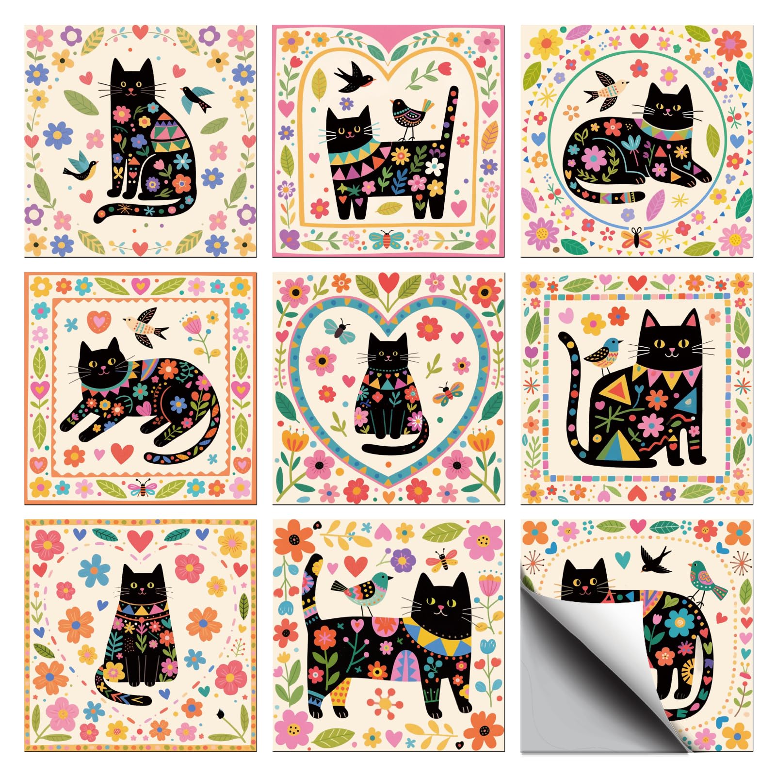 Photo 1 of CHGCRAFT 36 Pcs 9 Style Tile Stickers Artistic Flowers Peel and Stick Wall Stickers Black Cats Geometric Patterns Self Adhesive Stick on Tiles Decals for Kitchen Bathroom Wall Art Decor, 4×4 Inch