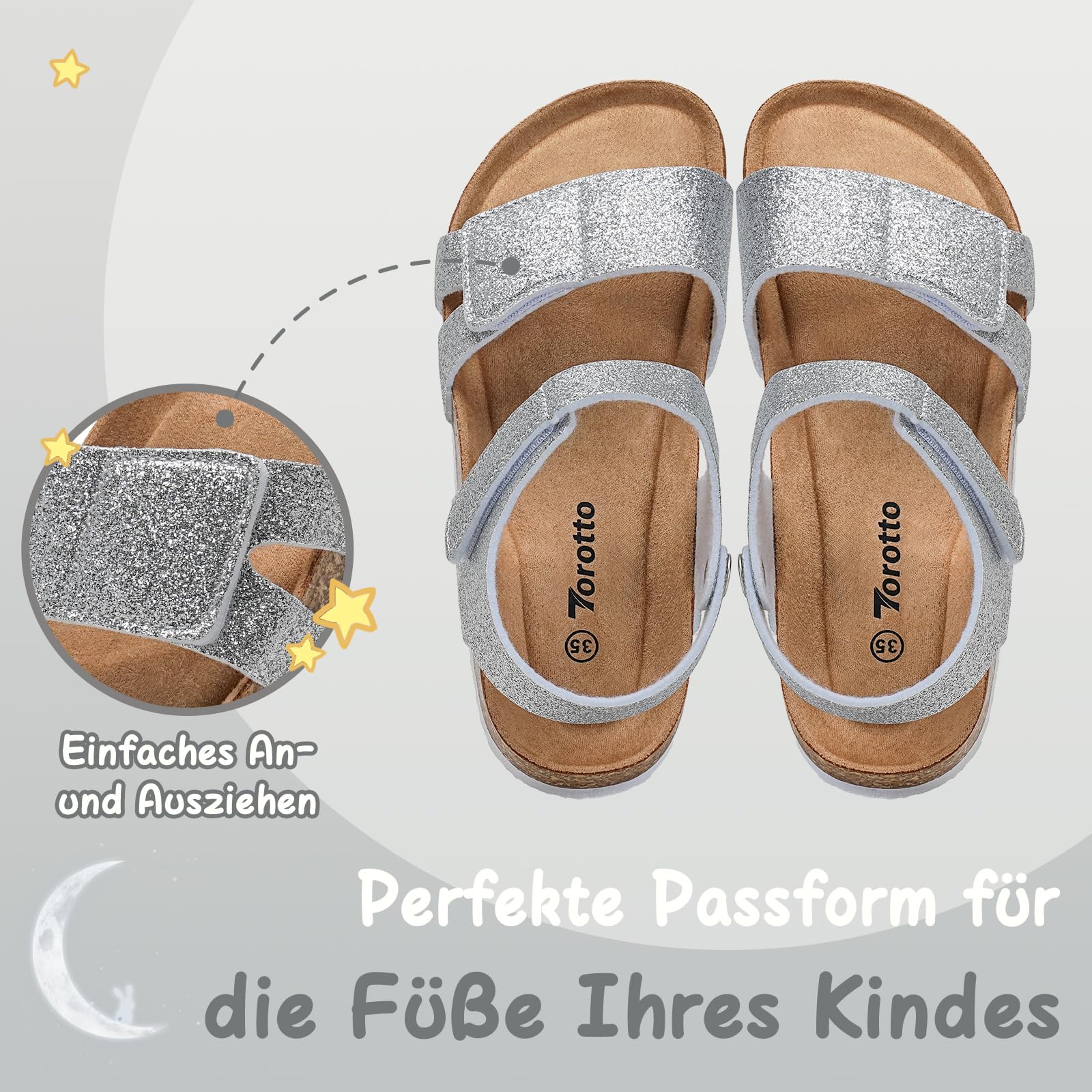 Torotto Sandalen Mädchen Jungen Mit Kork Sandals Kinder Pantoffeln Riemen Verstellbare Schnalle Rutschfeste Mit Klettverschluss Sandaletten für Drinnen und Draußen(Silberner Glitter, 33EU)