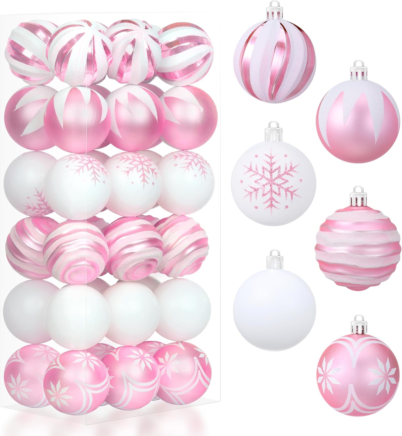 Joiedomi 36 Pcs Pink and White Christmas Ball Ornaments Set, 2.36” Shatterproof Christmas Tree Ornaments, Xmas Hanging Decoration for Tree Present Banister Wreath Garland Indoor Party Supplies