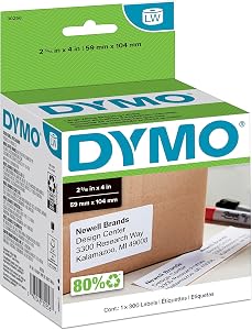 DYMO LW Large Shipping Labels for LabelWriter Label Printers, 2-5/16" x 4" (59 x 104 mm) Stickers, Black Print, White Label Maker Tape, 1 Roll of 300