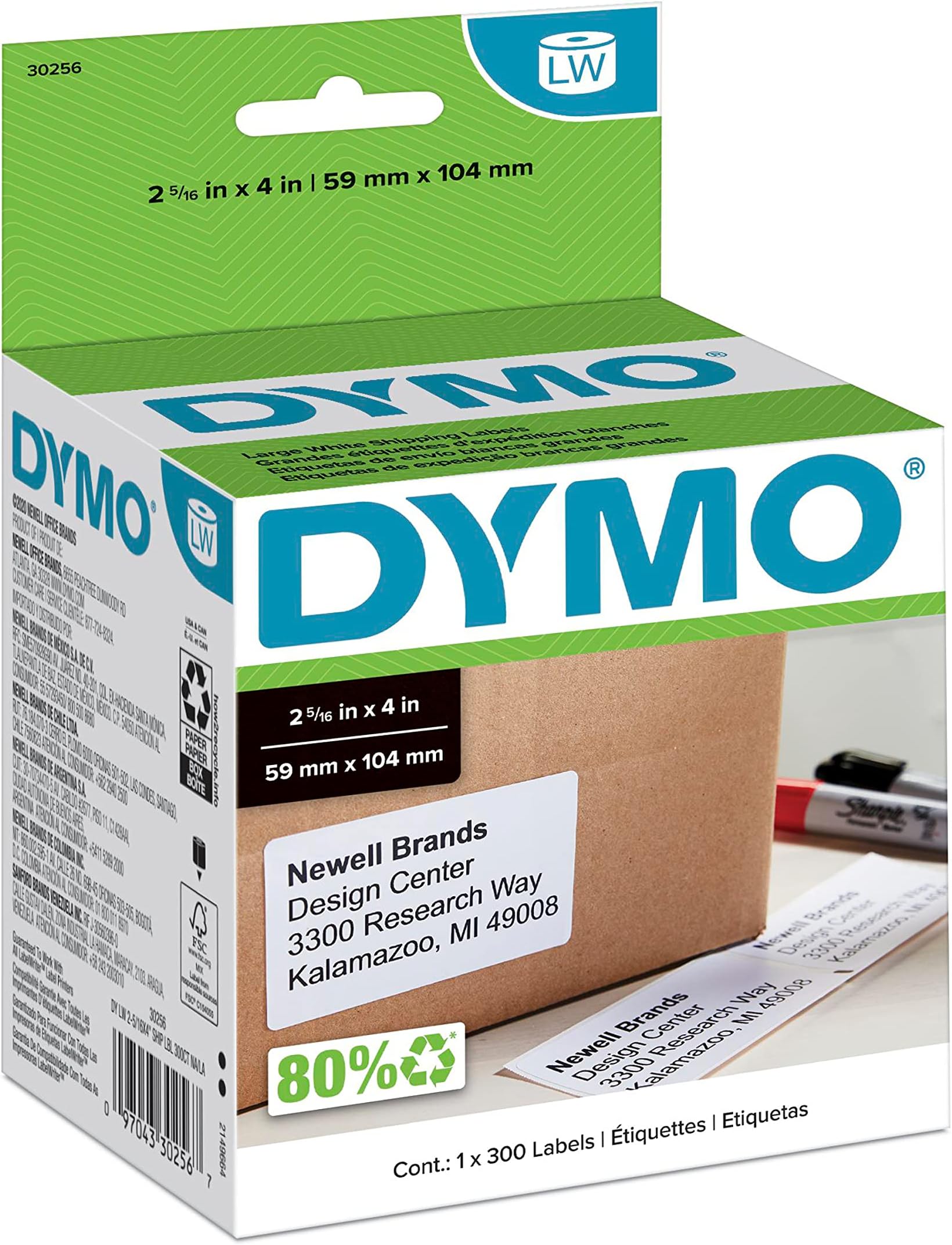 Authentic LW Large Shipping Labels, for LabelWriter Label Printers, Prints Up to 6-Line Addresses, 2-5/16" x 4", 1 Roll of 300