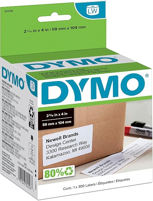DYMO LW Large Shipping Labels for LabelWriter Label Printers, 2-5/16" x 4" (59 x 104 mm) Stickers, Black Print, White Label Maker Tape, 1 Roll of 300