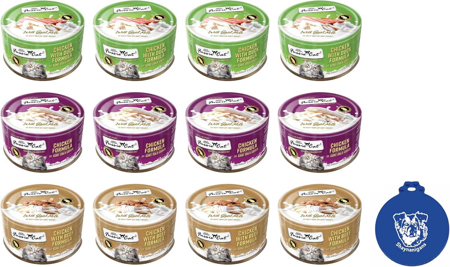 Fussie Cat Wet Cat Food in Goat Milk Gravy 3-Flavor Bundle: 4 Chicken with Duck, 4 Chicken with Beef and 4 Duck (12 Cans Total, 2.47 Ounces Each) Plus Shaynanigans Silicone Lid