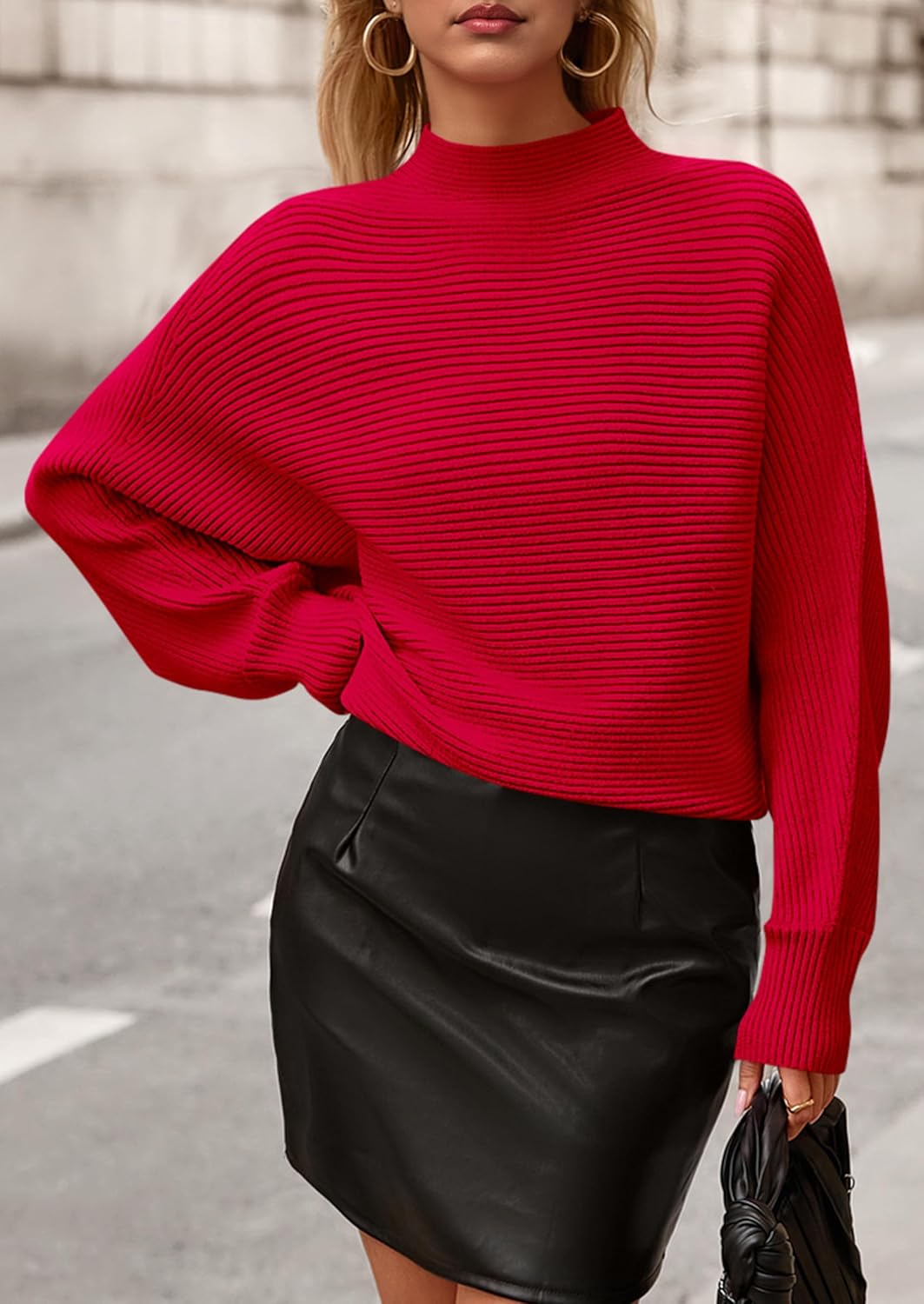 PRETTYGARDEN Womens Batwing Long Sleeve Sweaters Casual Mock Neck Ribbed Knit Cozy Pullover Sweater Tops 2026 Spring Clothes - Image 4