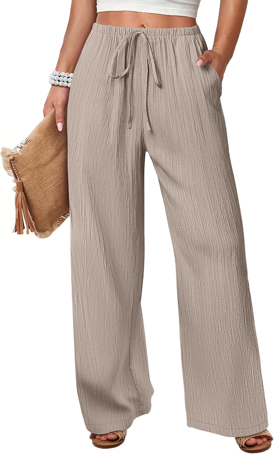 ANRABESS Women's Wide Leg Beach Pants Elastic Waist Lightweight Casual Flowy Palazzo Lounge Trousers with Pockets