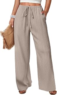 ANRABESS Womens Wide Leg Casual Flowy Elastic Waist Beach Palazzo Pants | Linen Like Trousers with Pockets，Teacher Work Bottoms，High Waisted Drawstring Lounge，Summer Vacation Travel Resort Wear