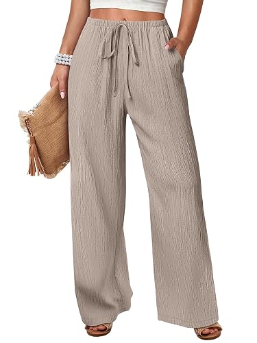 ANRABESS Women's Wide Leg Beach Pants Elastic Waist Lightweight Casual Flowy Palazzo Lounge Trousers with Pockets - Beige - Medium