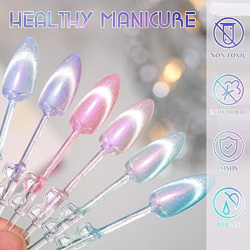 Miniatura 7 de Double Rhythm Juego de 6 esmaltes de uñas de gel con diseño de ojo de gato, con purpurina brillante con imán 9D, holográfico, reflectante, magnético