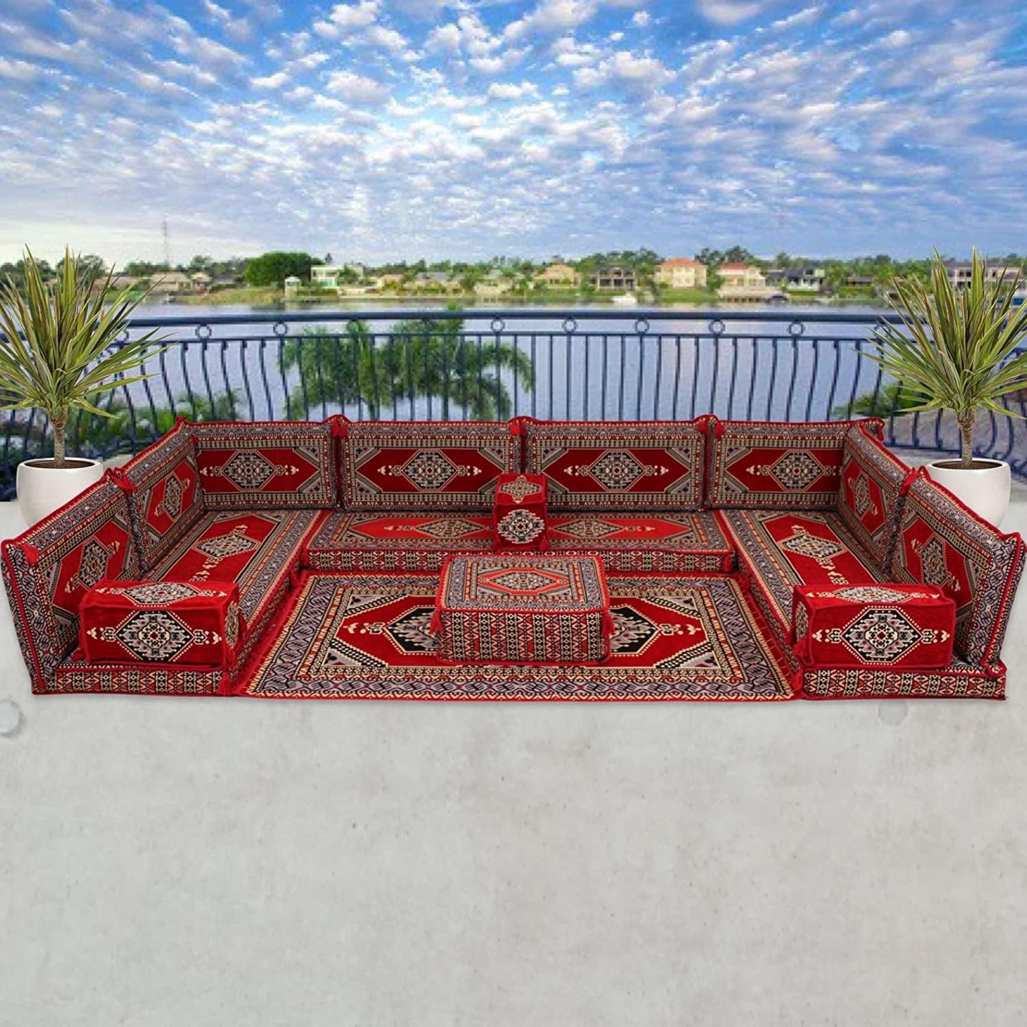 Modular U-shaped Nine Seater Red Arabic Style Majlis Sofa Set Bohemian Floor Cushions - Sofa - Rug - Pouffe