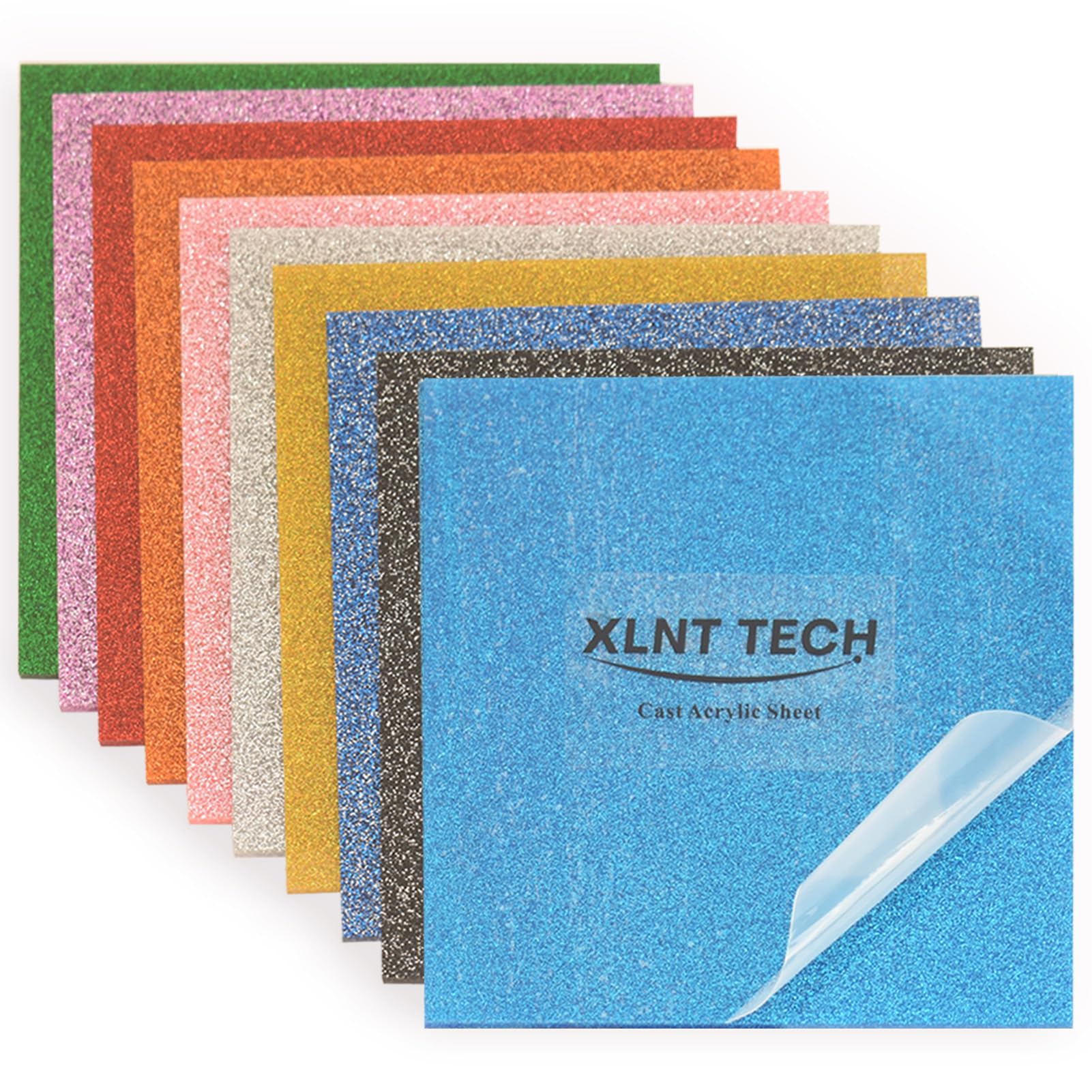 Glitter Acrylic Sheets 8x8 Inch 3mm (1/8") - 10 Pack Multi Color for Laser Cutting, DIY Crafts | Pre-Cut Sparkle Plastic Sheets with Smooth Edges | Engraving, Jewelry, Home Decor Material