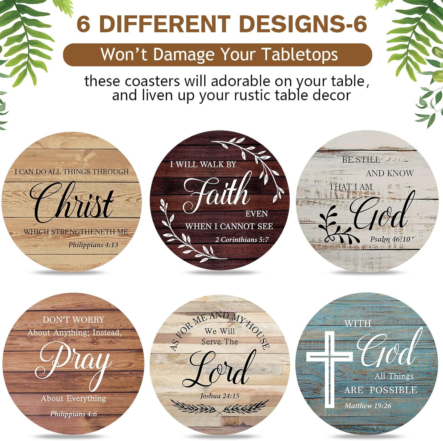 Hushee Wooden Coasters Set of 6 for Drinks with Bible Verses, Housewarming Gift for Home Christian Decoration, Farmhouse Religious Coasters with Holder for Kitchen Decoration, 4''(Classic Farmhouse) - Image 4