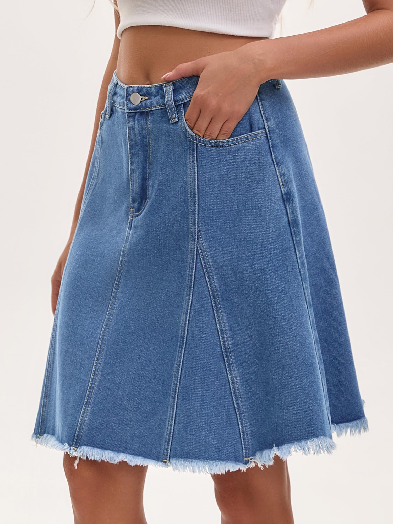 Femme Jupe en Jean Taille Haute Coupe Trapèze Longueur Genou | Taille Haute Ourlet Brut Évasé Poches Patchwork Tenue Western Cowgirl