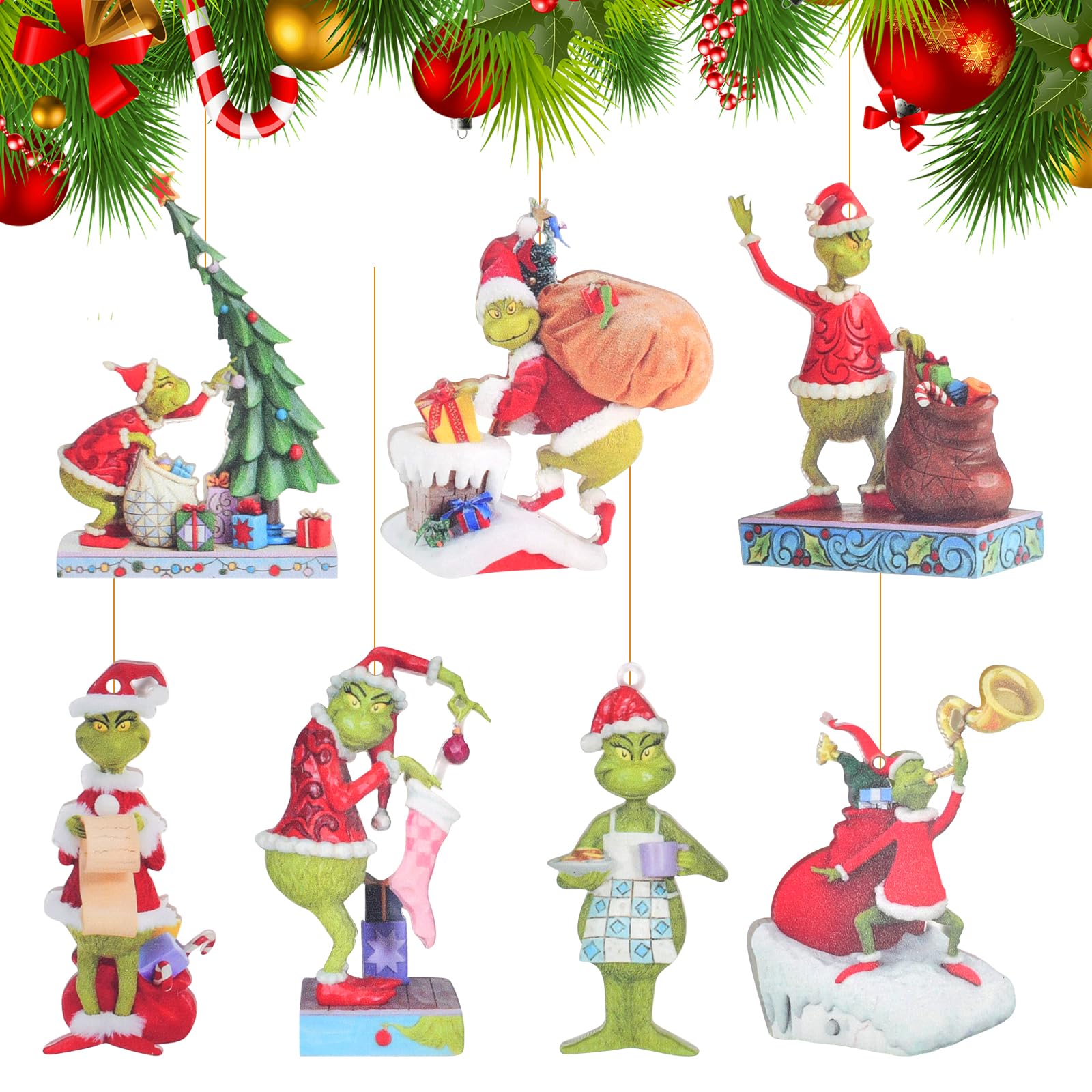 Grin-ch Colgantes Decorativos para Árbol de Navidad 7 Piezas, Adornos Navideños 2D Acrílico con Cuerda Divertidos Decoraciones para Puerta de Navidad Ventanas Fiestas Interiores y Exteriores