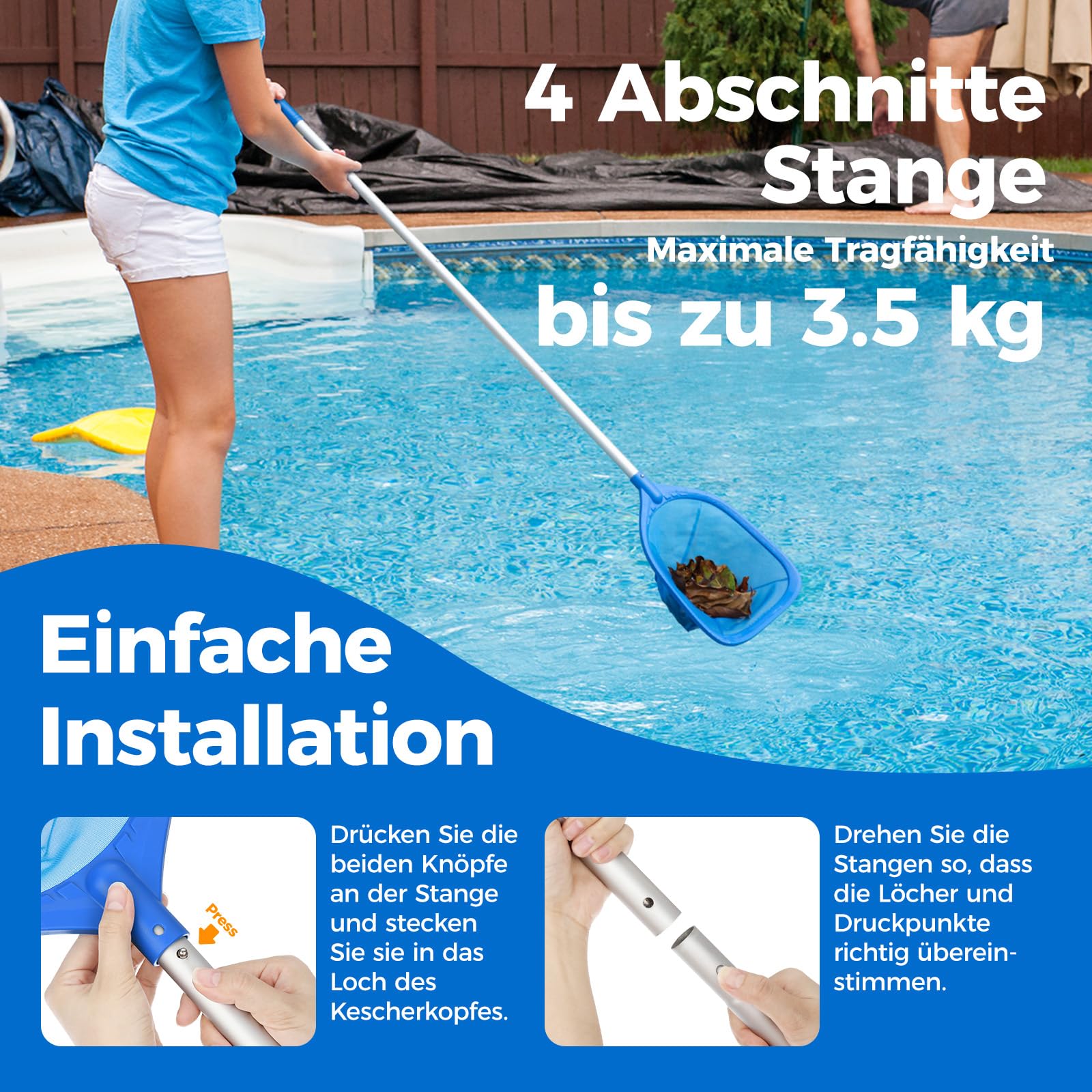 Mowend Retino per Piscina, Retina Raccogli Foglie per Piscina con Stabile Palo in Alluminio da 1,14 m, retino per Piscina Professionale con 4 Pali per Piscina, Spa, Laghetti, Sorgenti Termali