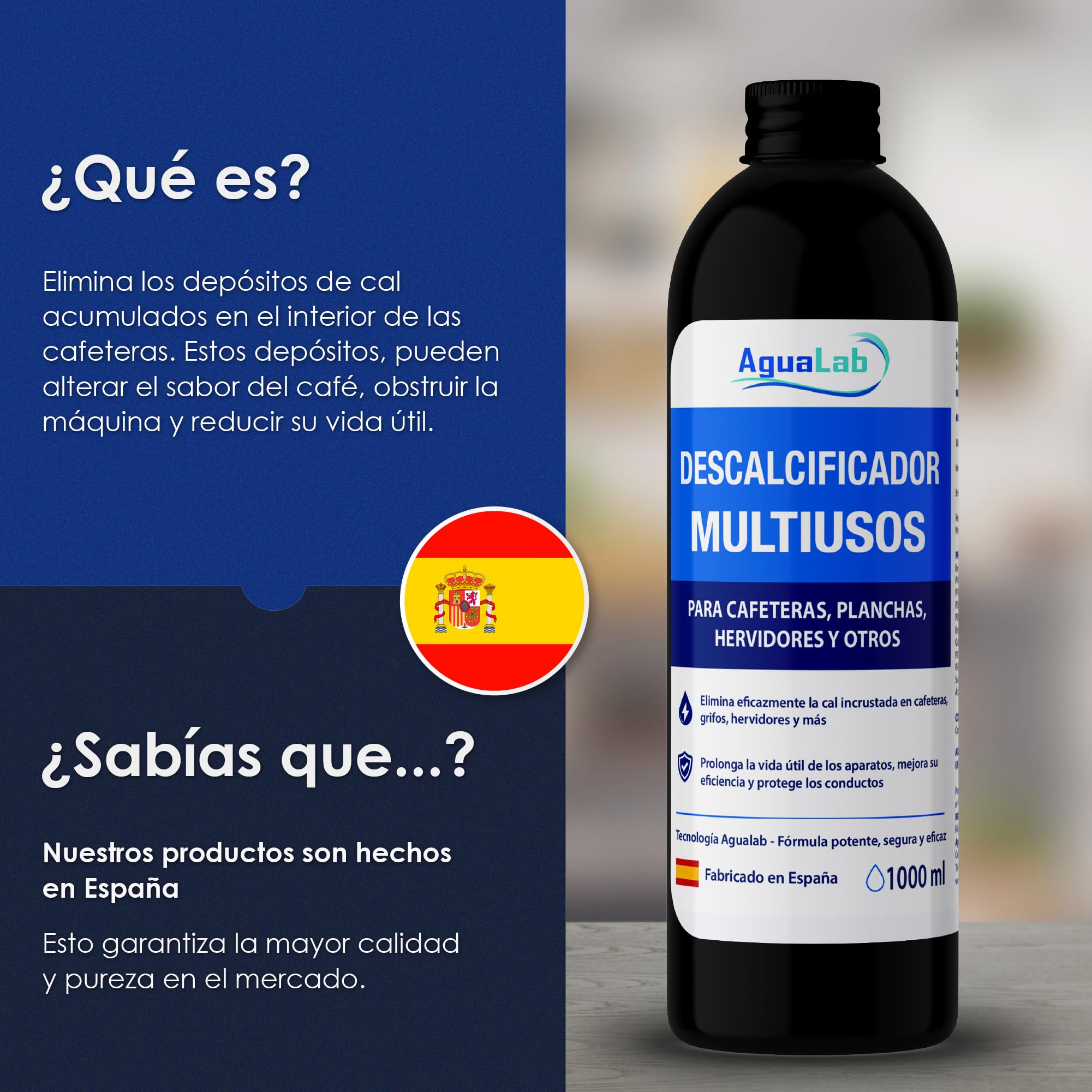Descalcificador Cafetera 1L Liquido Antical Compatible con Delonghi Nespresso Dolce Gusto Krups Philips Cecotec Limpieza Cafetera Elimina Cal Formula Natural con Acido Citrico | AGUALAB