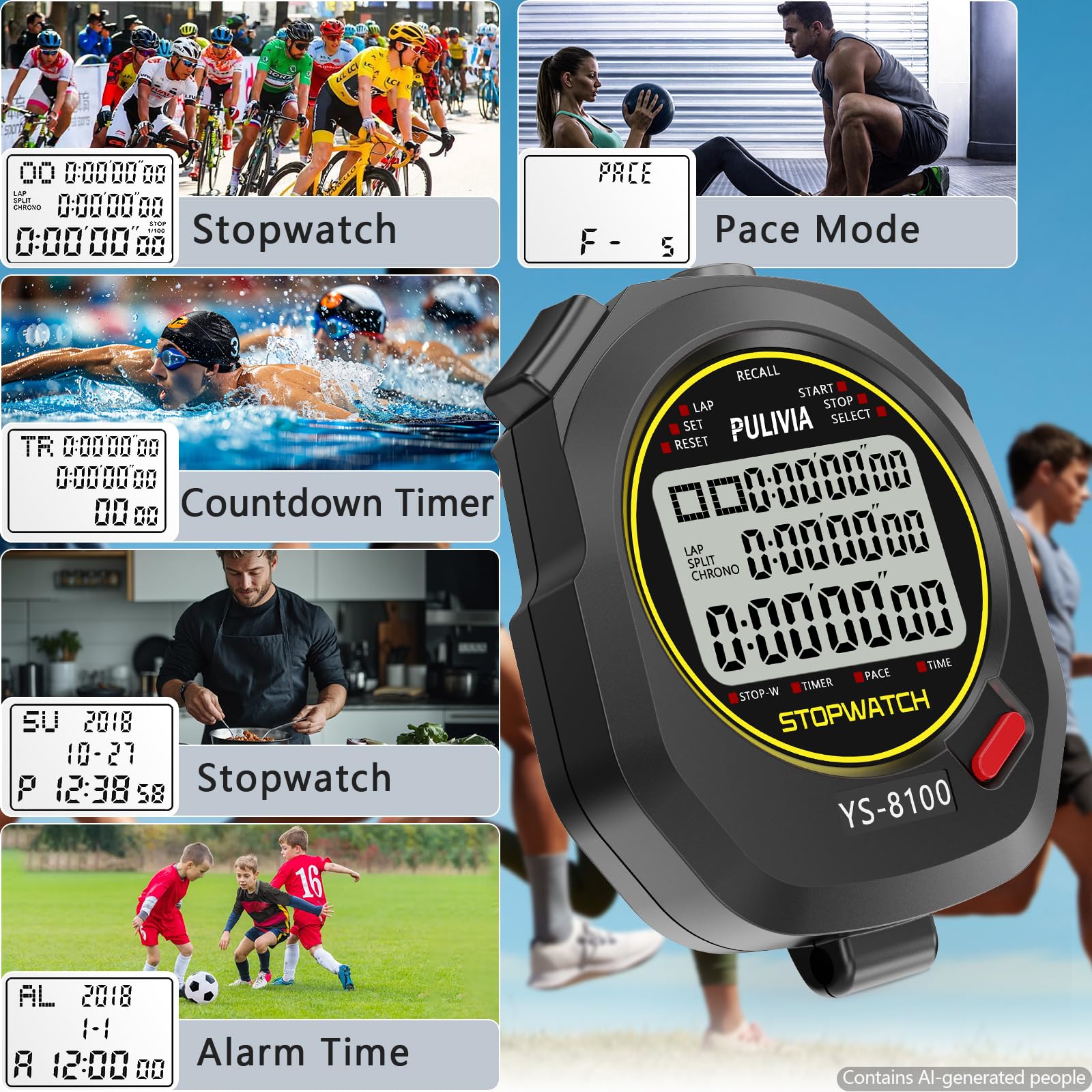 Stopwatch Sports Timer 100 Laps/Splits Digital Stop Watch with Recall Countdown Timer Clock Alarm Calendar, Large Display Stopwatch for Coaches Running Sports Training