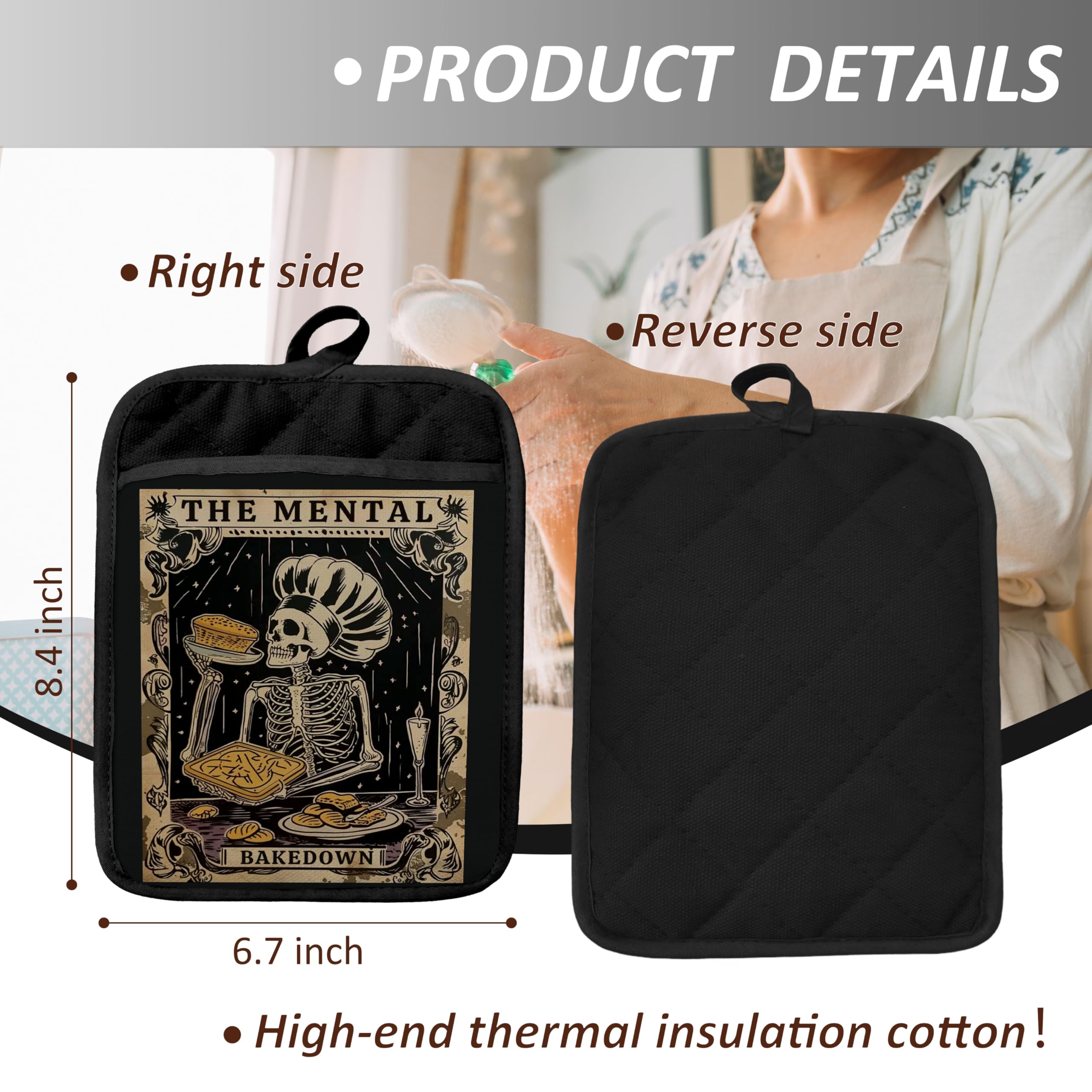 Topflappen im Gothic-Skelett-Stil mit Taschen, lustige Backgeschenke, Topflappen, hitzebeständige Ofenhandschuhe, heiße Pads für Küche, Backen, Kochen, 406 Topflappen