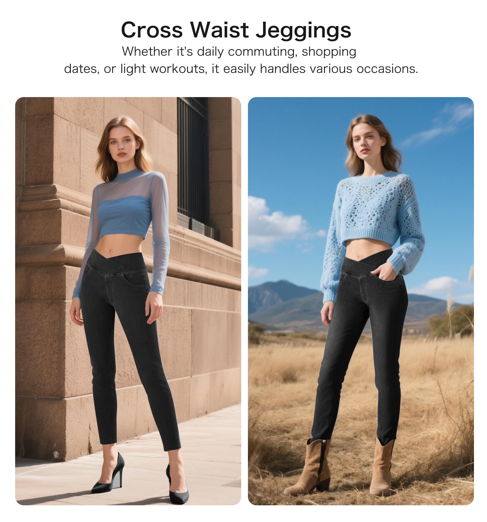 LaiEr V Crossover Skinny Jeans Donna Vita Alta Controllo Pancia Leggings Fitness Casual, Elasticità Morbida Stampa Denim Finto Casual con Tasche Laterali.