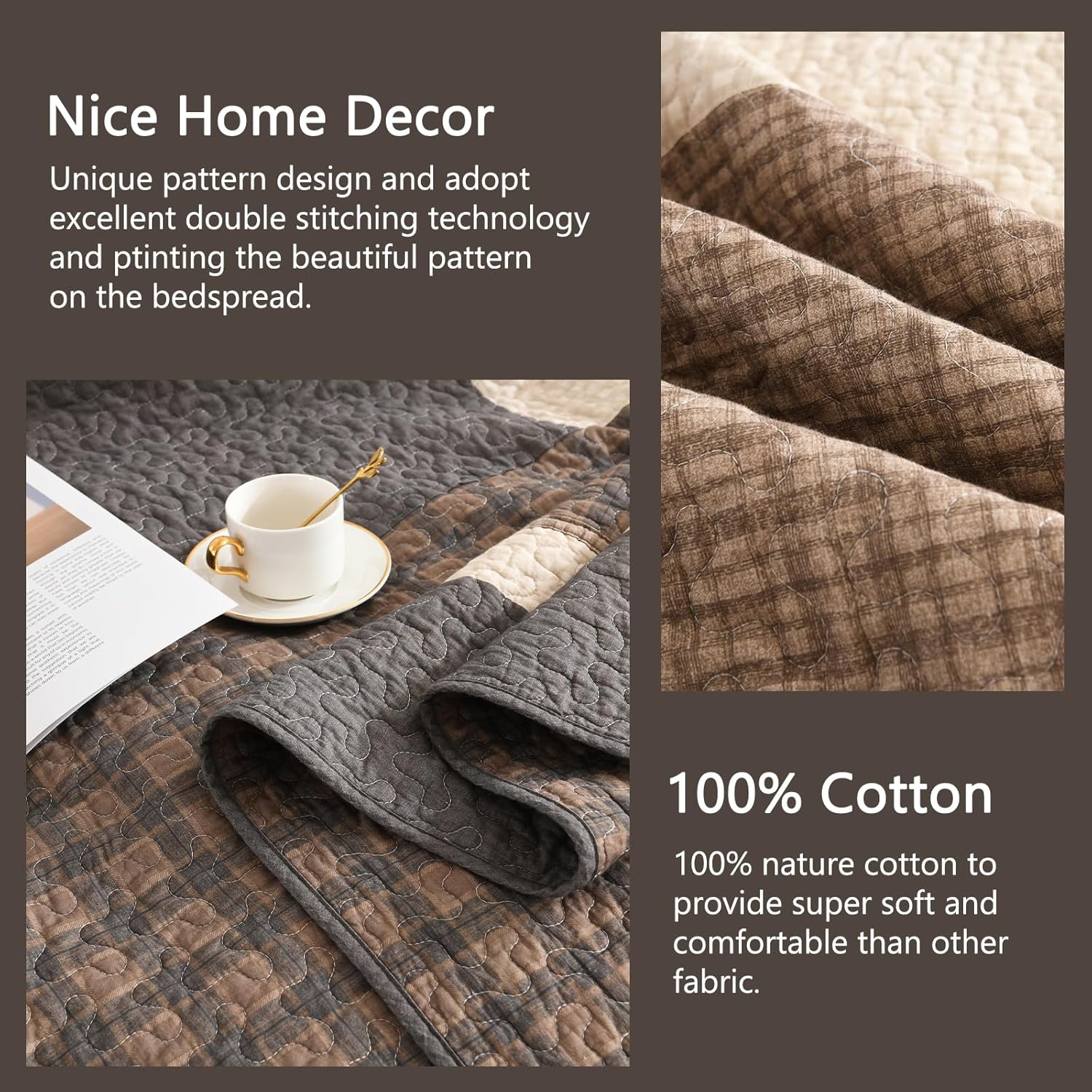 Finlonte 100% Cotton Oversized Queen Bedspread, 102x120 Extra Large Quilt Set, Farmhouse Plaid Quilted Comforter, Lightweight Soft Quilt Bedding Set, 3 Piece, Brown/Beige/Gray