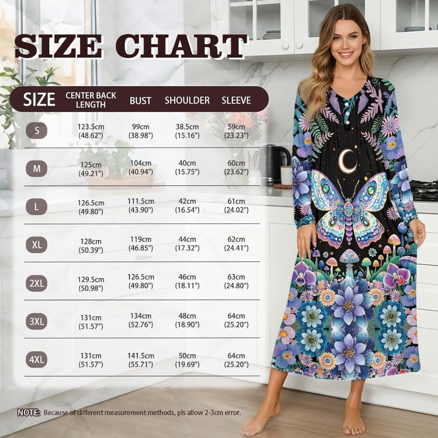 WELLFLYHOM Night Dress for Women Long Sleeve V Neck Nightgowns S-4XL Pullover Oversize House Dress Sleepwear Nightshirt