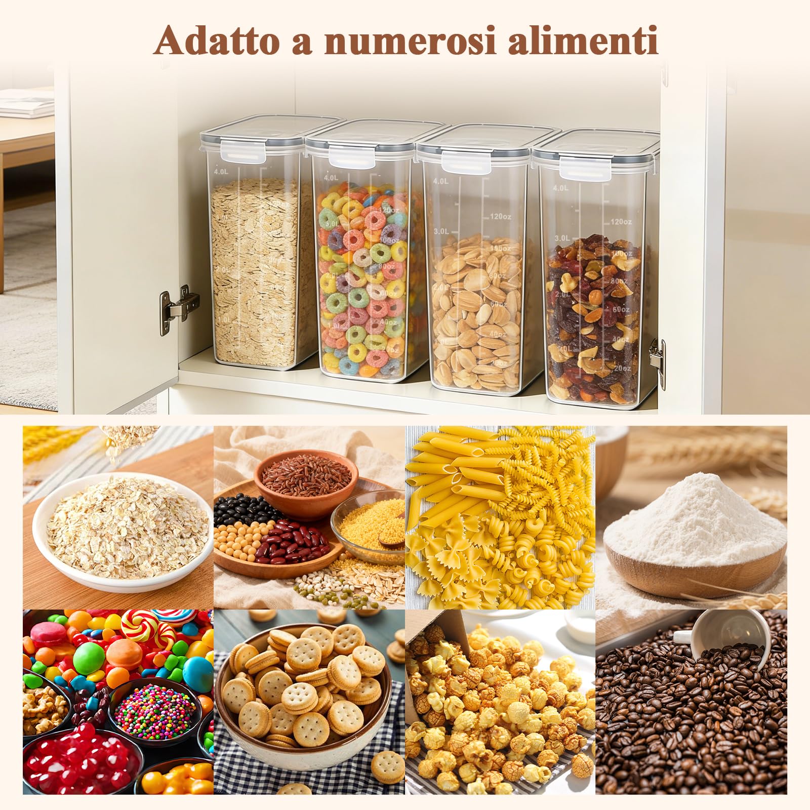 Contenitori Ermetici Alimentari con Coperchio 4L – Set da 4 Scatole di Conservazione per Cucina in Plastica, Ideale per Farina, Muesli, Cornflakes e Cereali, Include 8 Etichette e 1 Pennarello
