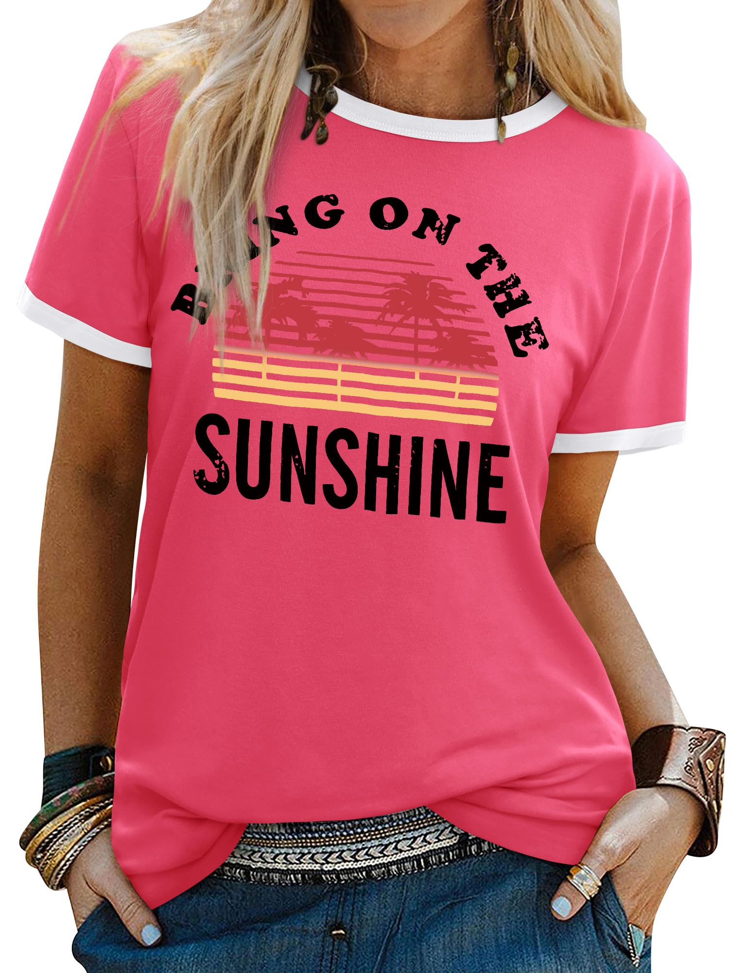 Dresswel Women's Bring On the Sunshine T-Shirt, Short-Sleeve, Crew Neck, Rainbow Graphic Print Tee Tops, T-Shirt, Summer Tops