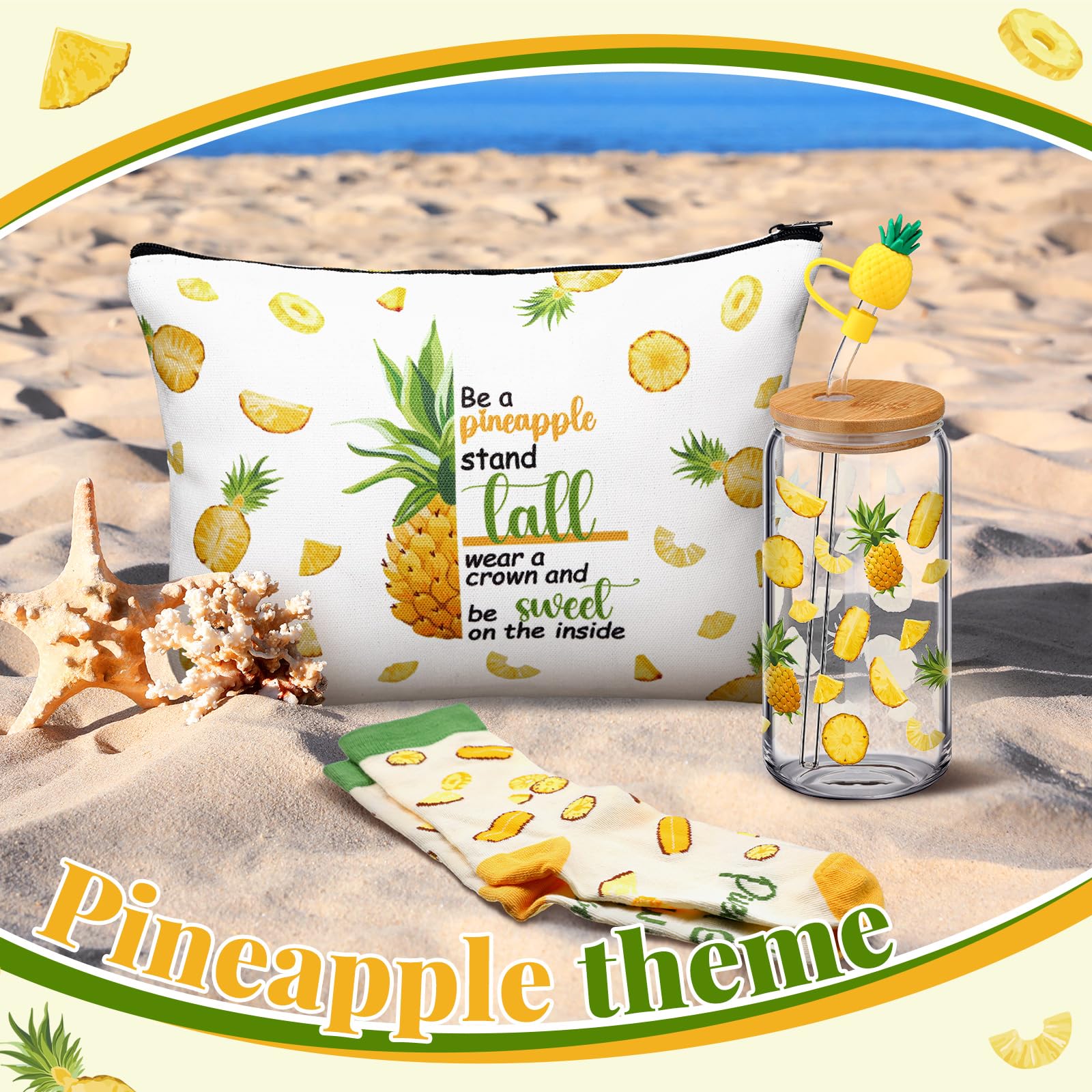 3 Pcs Pineapple Gifts Set for Women Bulk Summer Hawaiian Aloha Gifts for Mother's Day Pineapple Socks 16 oz Cute Drinking Glass Tumbler Cups with Lids and Straws Makeup Bags for Women Birthday Gift