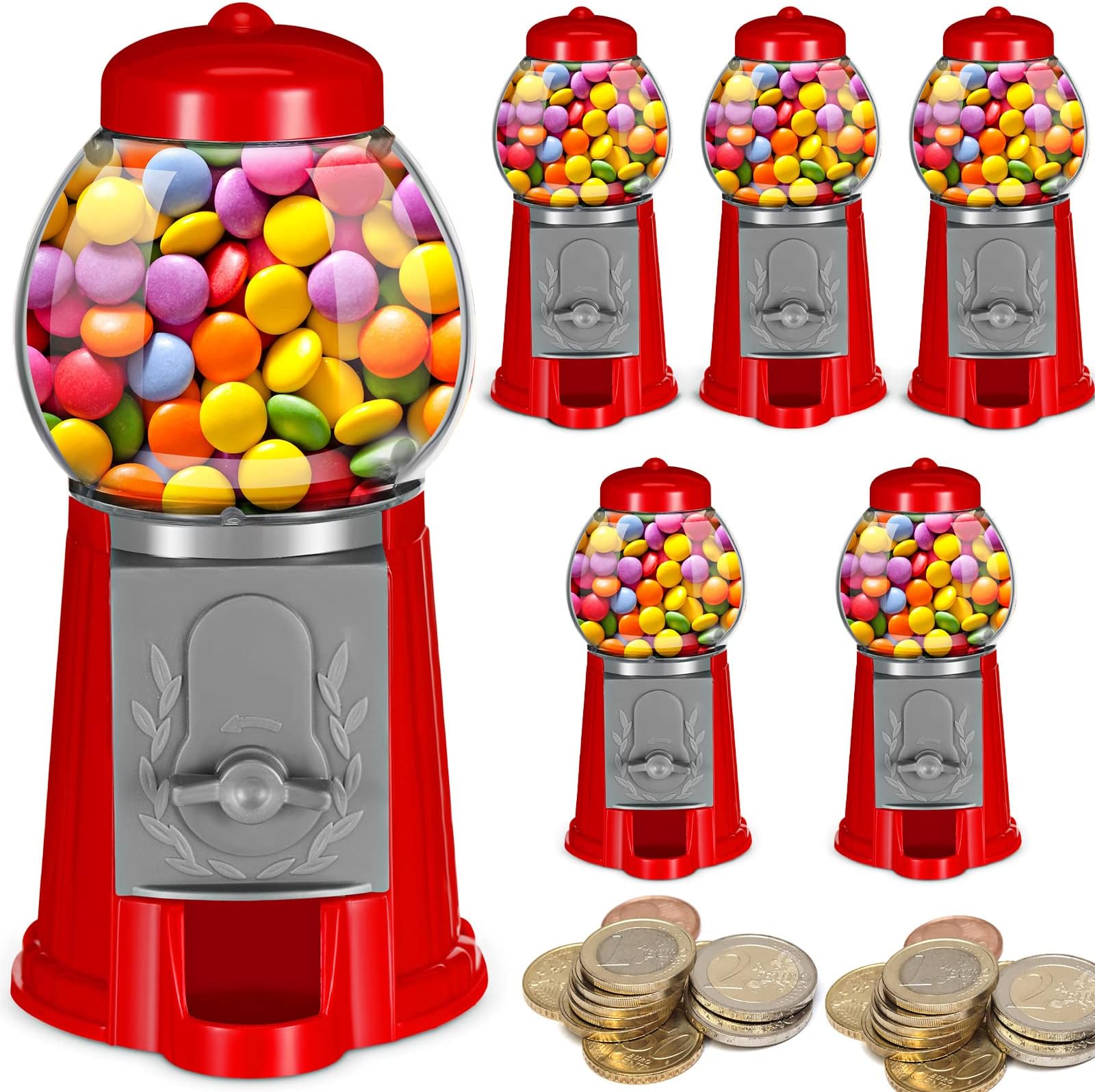 6 Pieces 5'' Gumball Machine Mini Plastic Gumball Machine Small Candy Dispenser Coin Operated Desktop Bubble Gum Machine Money Bank Pills Dispenser Toy Gifts (Red)