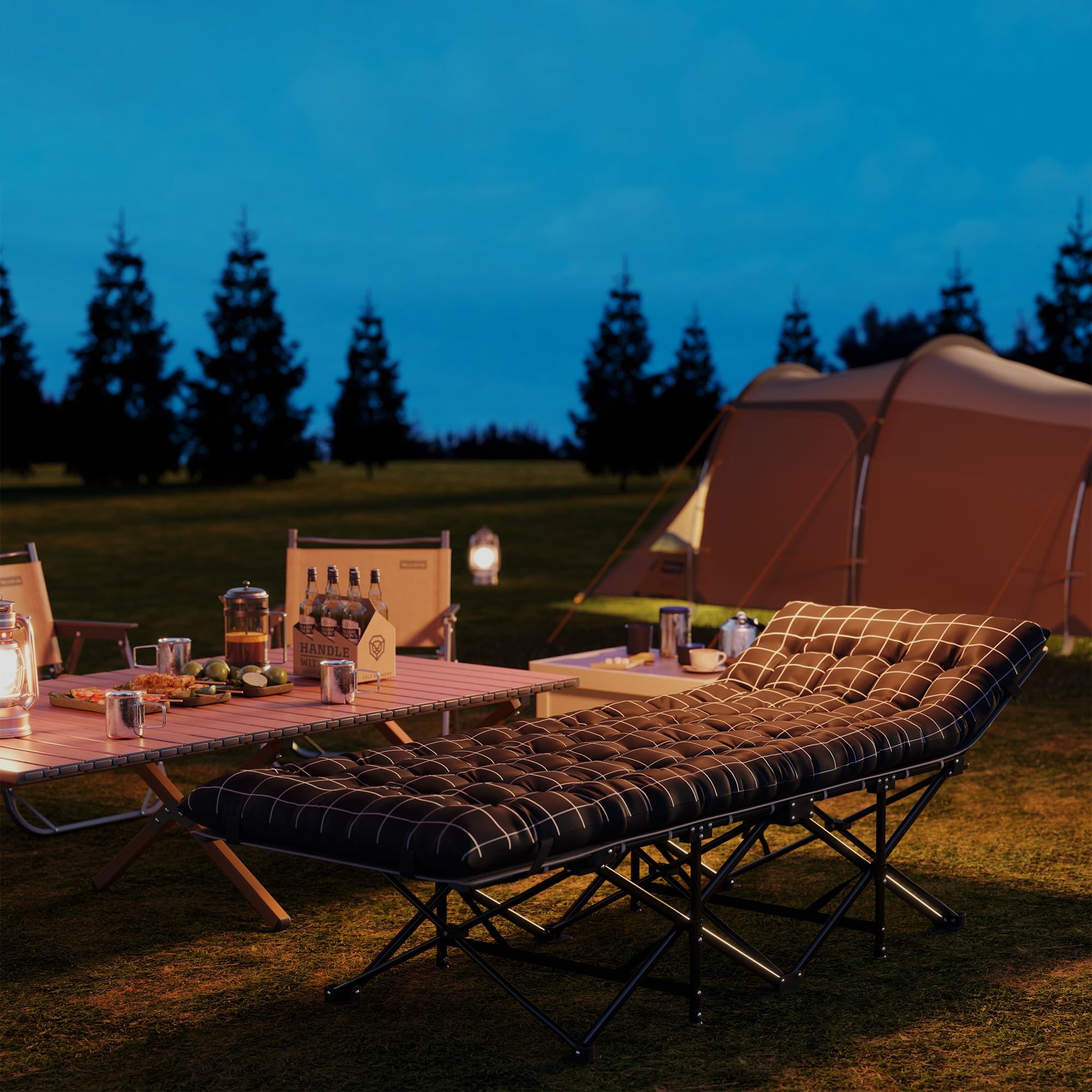 Outsunny Lit de Camping Pliable avec Matelas, Lit de Camp Pliant, Pochette latérale et Sac intégré, transat Chaise Longue en métal et Tissu Oxford, 190 x 67 x 37 cm, Charge 150 kg, Noir