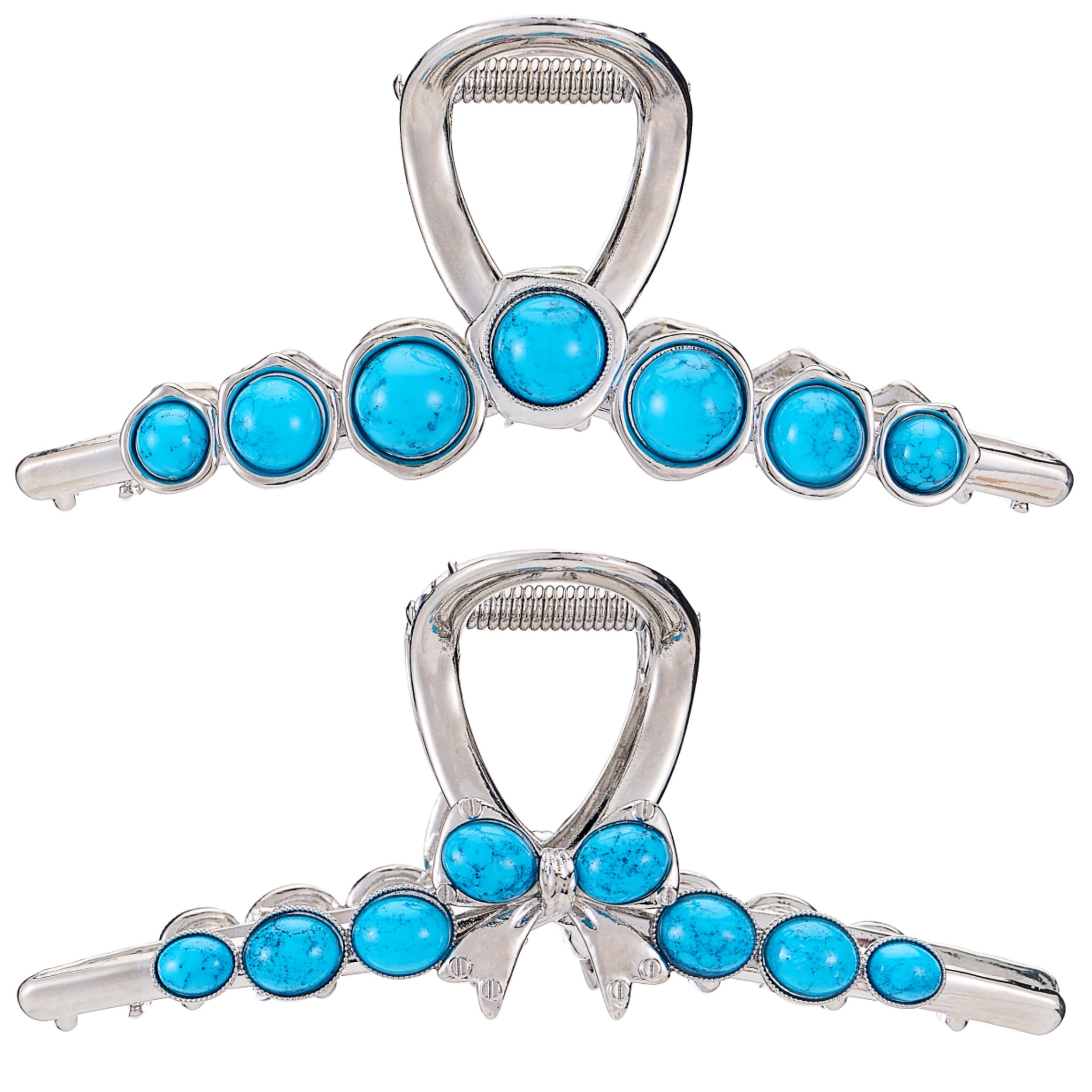 Pince à cheveux forte tenue antidérapante en métal et pierres bleues pour femme - 15