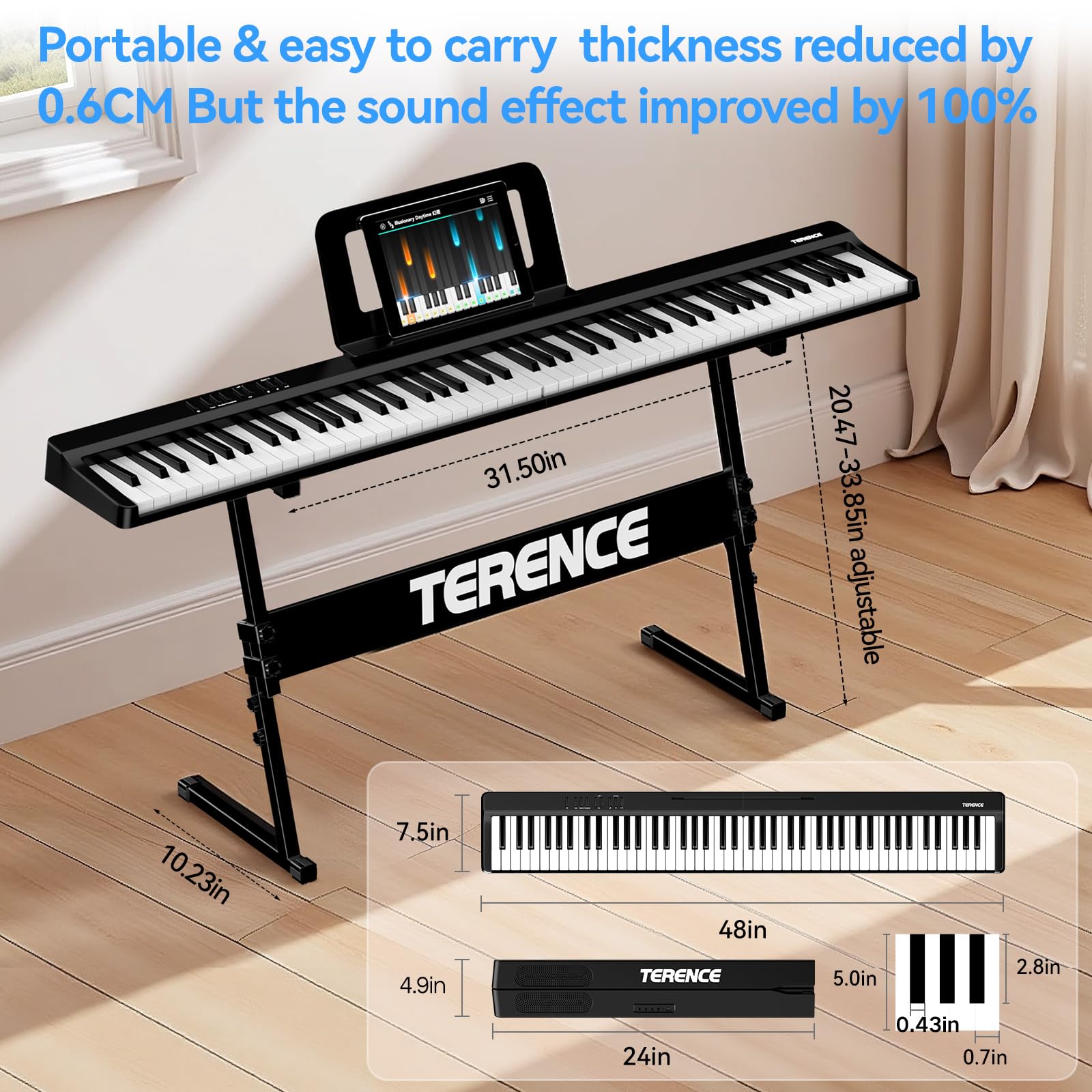 Piano Numérique Portable 88 Touches Pianos avec Z Support TERENCE Clavier de Piano Semi-lesté 88 Touches pour Débutants et Experts, Fonction d'enregistrement audio intégrée Interface Bluetooth MIDI
