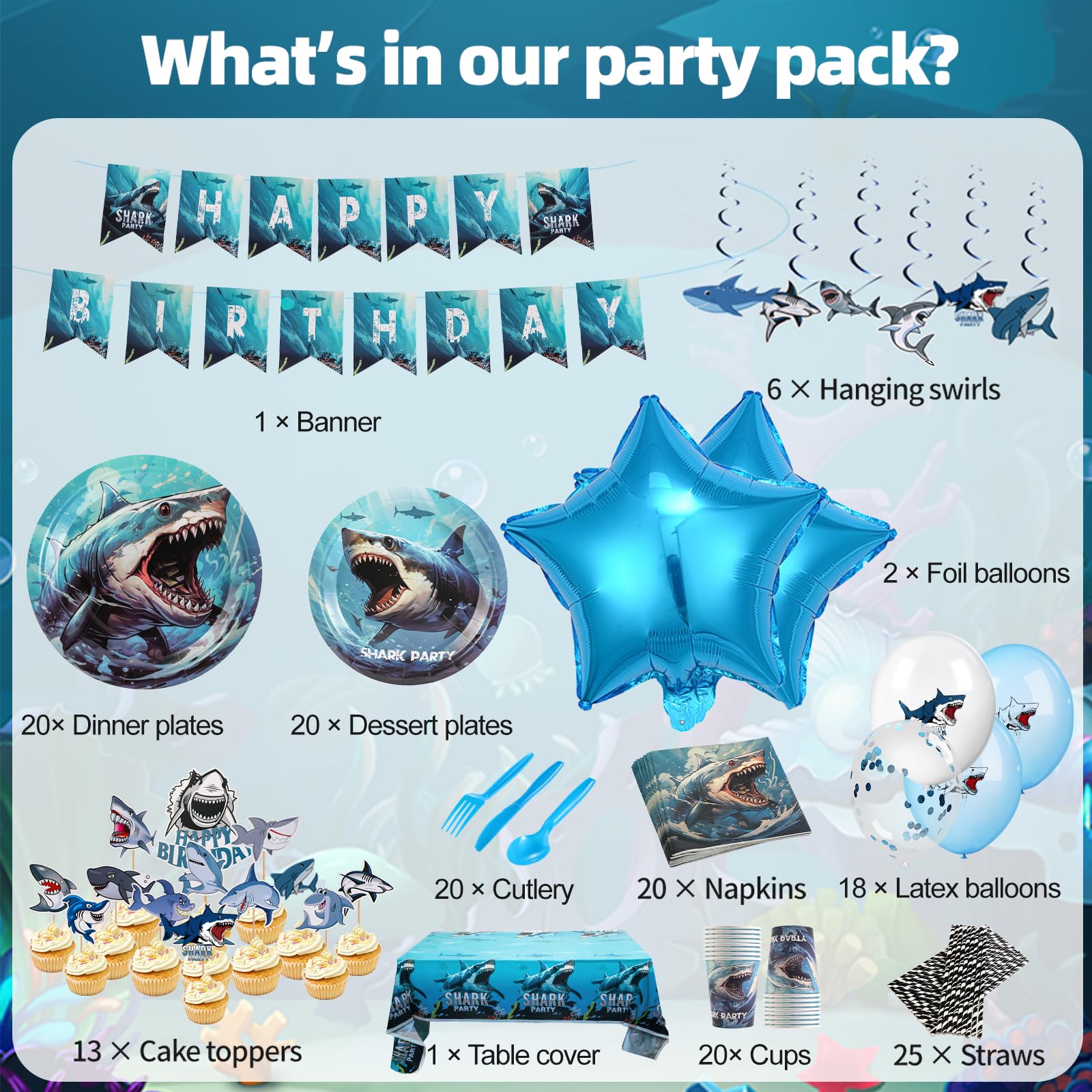 Shark Birthday Party Decorations For Kids, Shark Birthday Party Supplies-204pcs 20 Guest- Shark Plates Cups Napkins Balloons Table Cover Cutlery