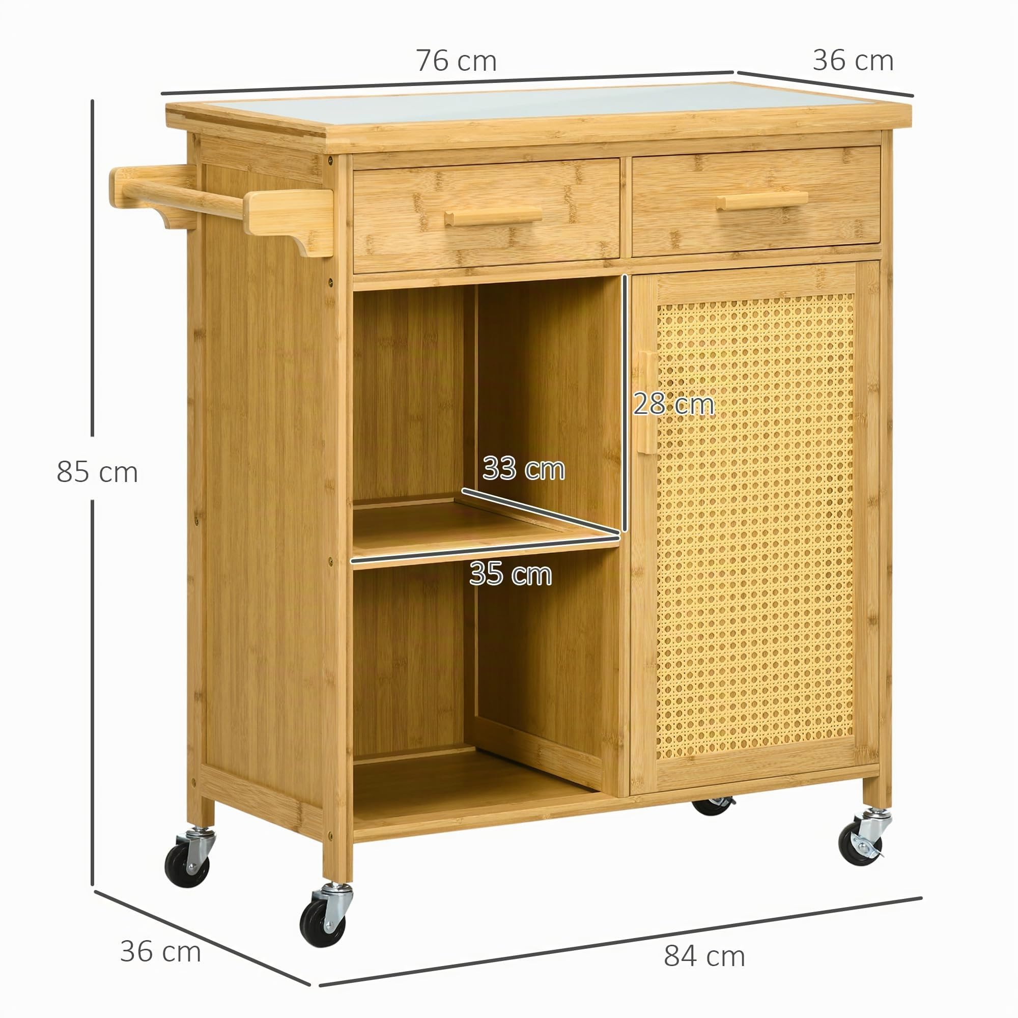 HOMCOM Küchenwagen Schublade Schrank Offene Ebenen 84 x 36 x 85 cm Natur