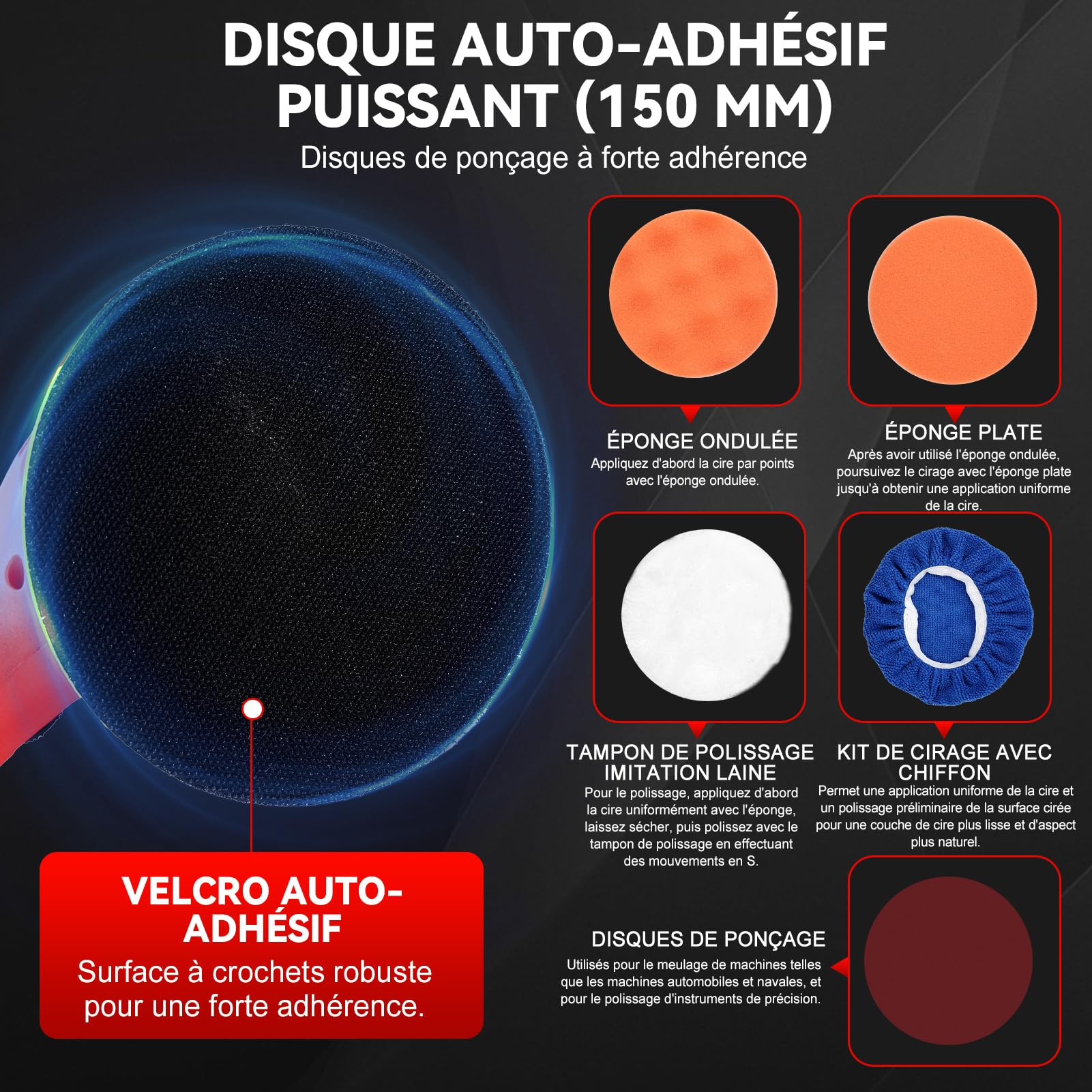 Polishing Polisseuse Sans Fil, 21V 6 pouces Lustreuse Polisseuse Voiture 2600-5800 tr/min Polisseuse Voiture Sans, 8 Vitesses Variable 9 mm Polisseuse Orbitale avec 2 Batteries, pour Cire, Polissage