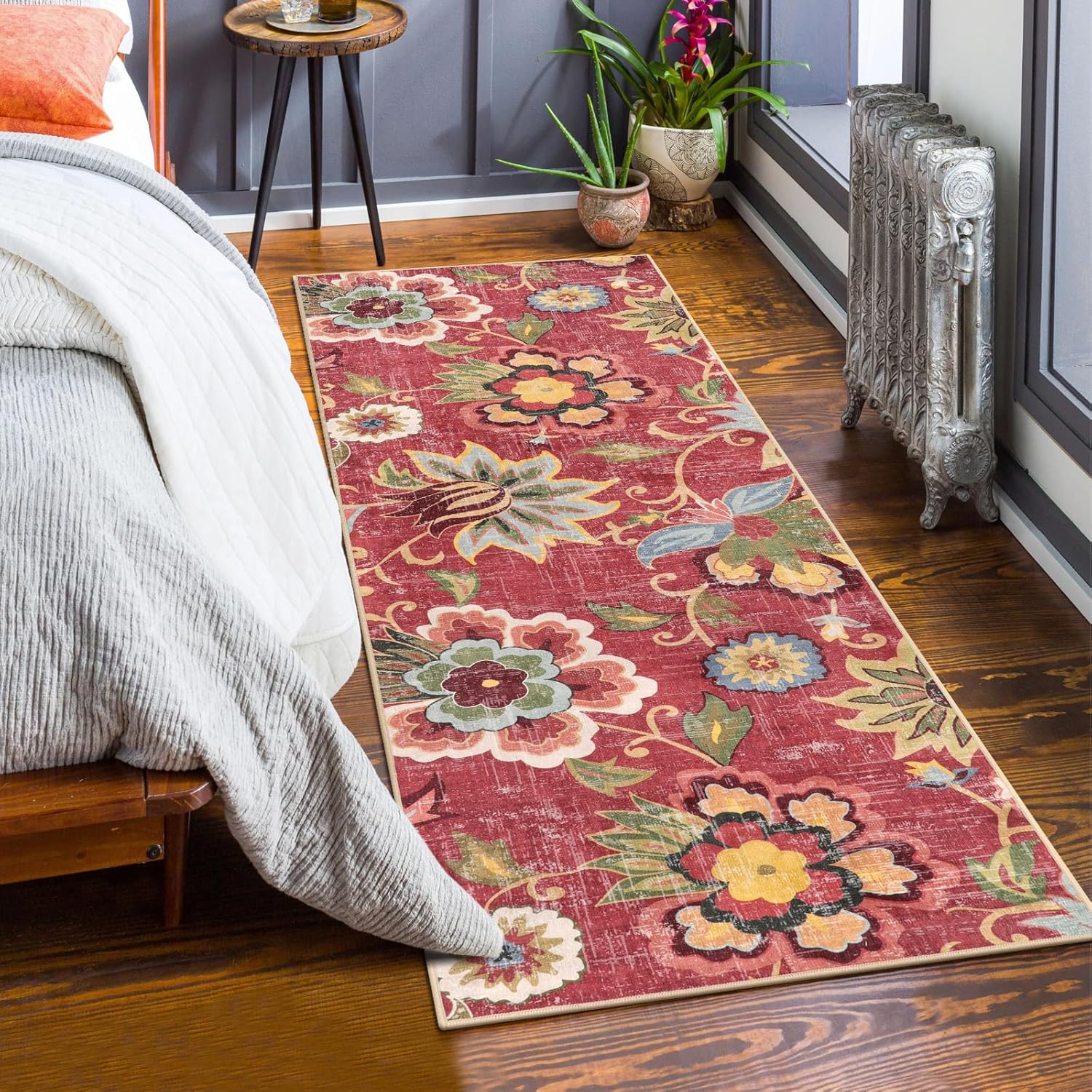 Beeiva Floral Washable Runner Rug 2x6, Red Christmas Runners Rug for Hallway with Rubber Backing, Ultra Thin Vintage Non Skid Washable Carpet for Bedroom Entrway Laundry Room