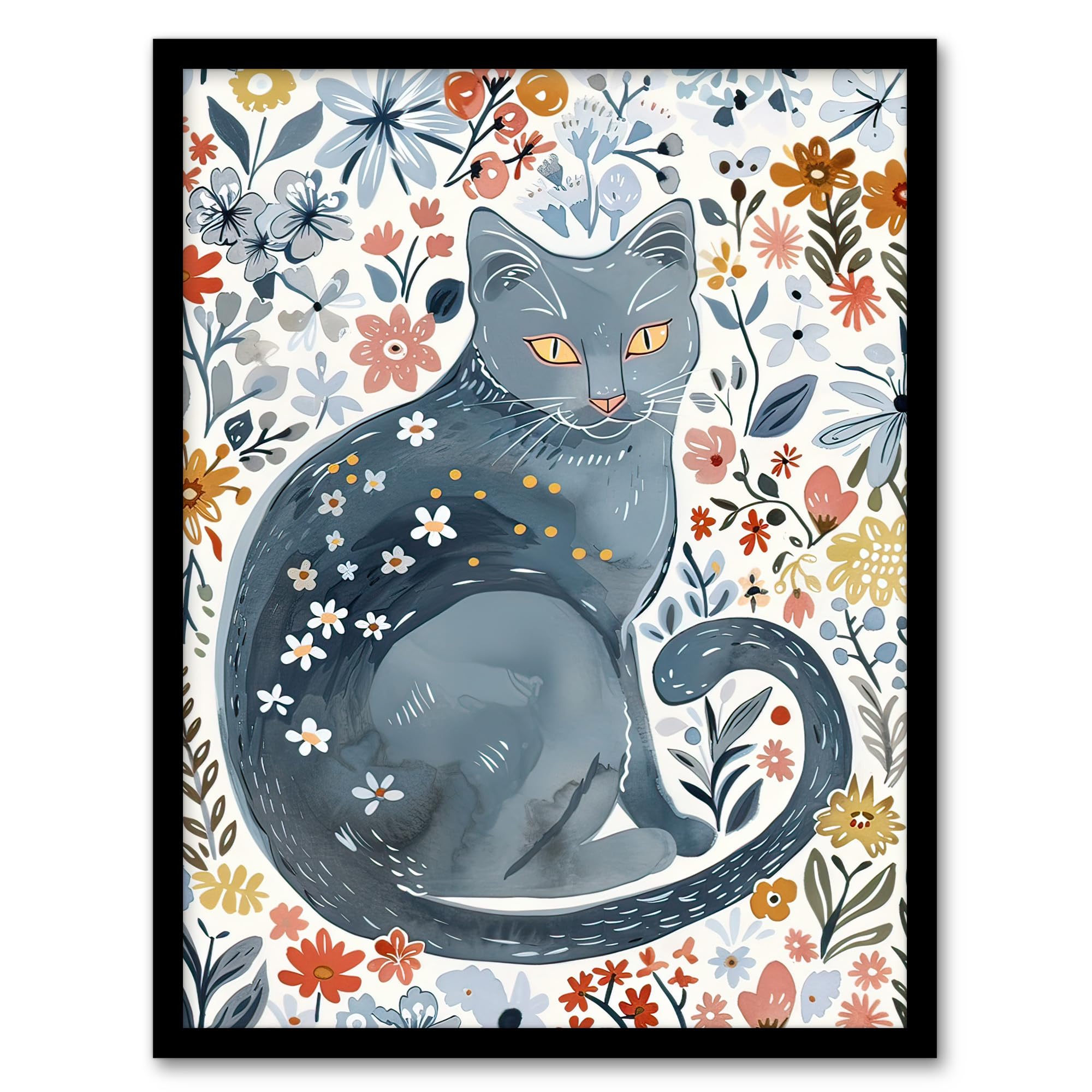 Artery8 Cat Lover Russian Blue With Bright Wildflowers Wall Art PrintA4 Size from B&Q